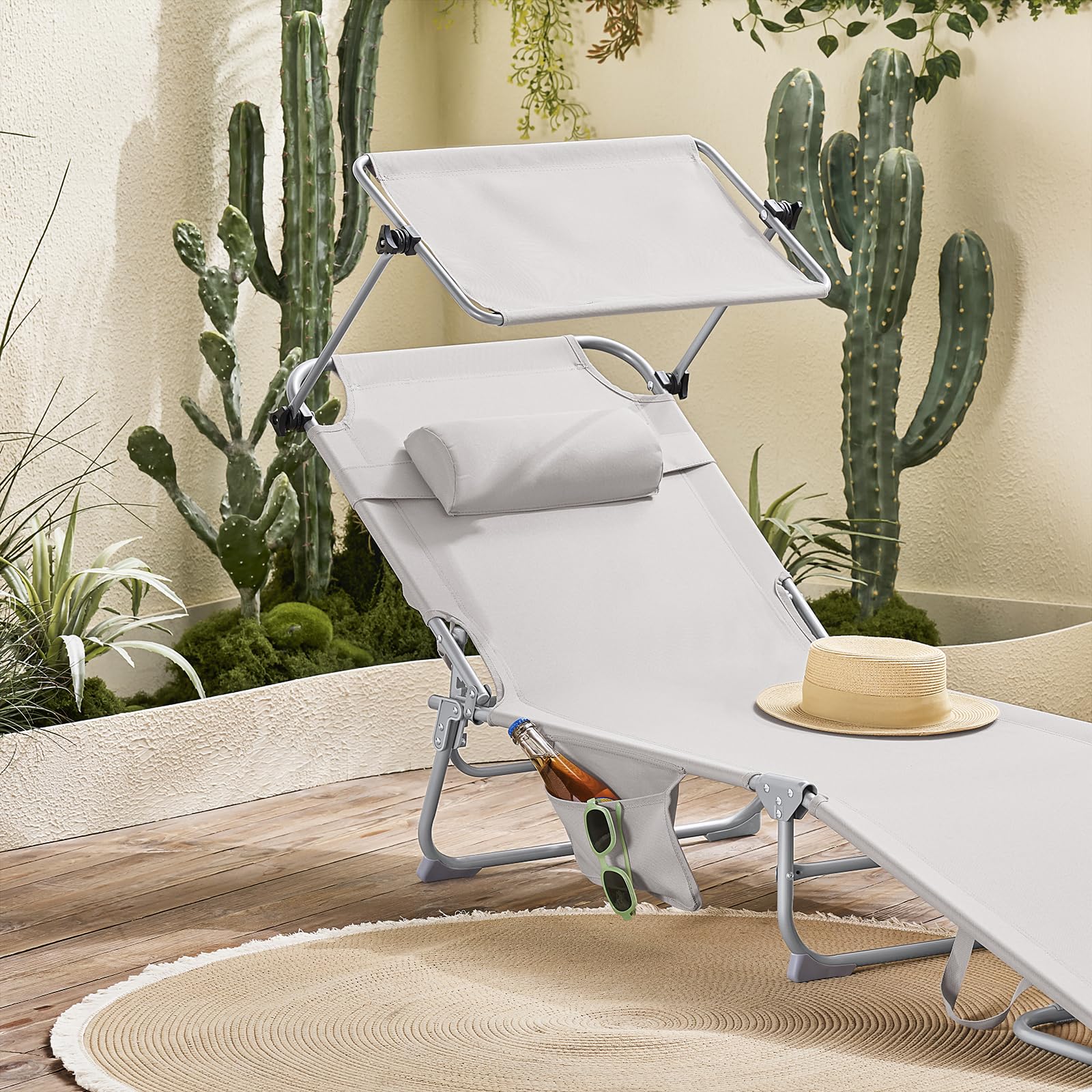 SoBuy Sdraio da Giardino Reclinabile Lettino Prendisole Pieghevole con Cuscino Tasca Laterale e Parasole Sedia Sdraio da Esterno per Patio Campeggio Spiaggia Beige 155x56x81cm OGS48-MI