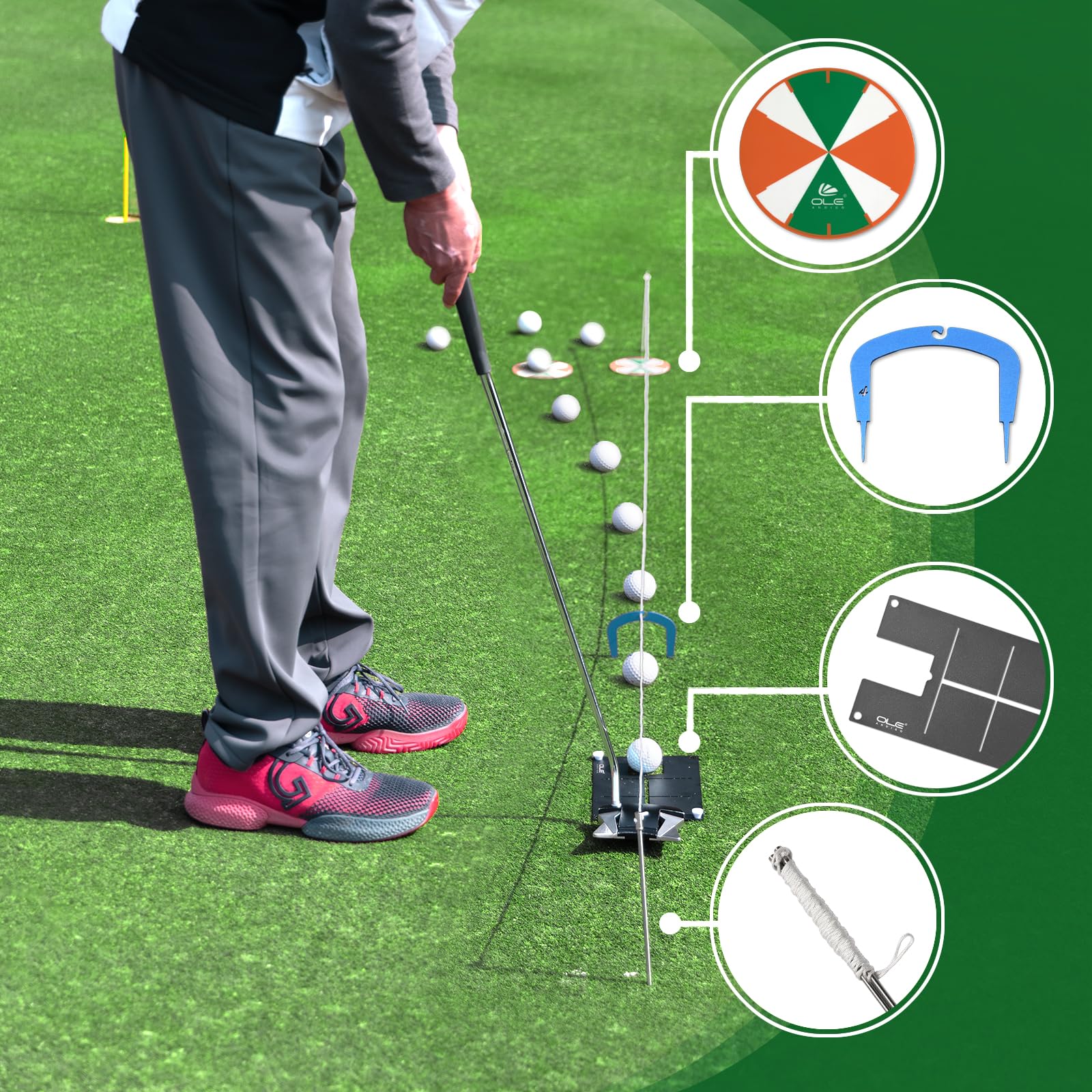 Golf Training Aids Set OLE ANDIGO 1 Golf Putting Plate, 2 Target Holes, 2 Putting Gates,1 Putting String Line,Portable Swing Training Aids,Train Align Eyes Practice (Golf Putting Plate Set)