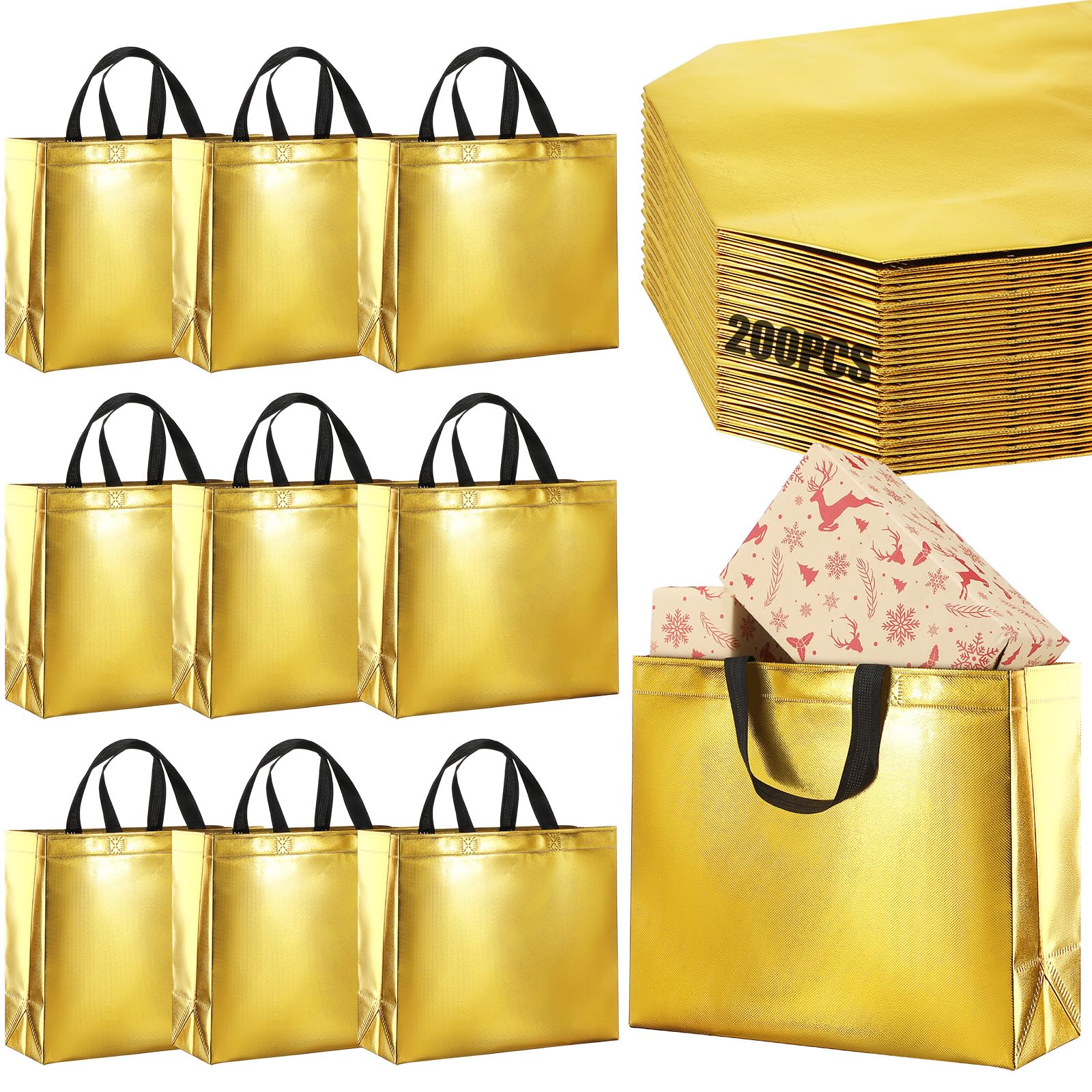 200 Pcs Large Gift Bags for Presents 13 x 5 x 11 Inch Gold Gift Bags with a Glossy Finish Reusable Gift Bags with Handles Christmas Gift Bags Goodie Bags for Wedding Christmas Birthday Party
