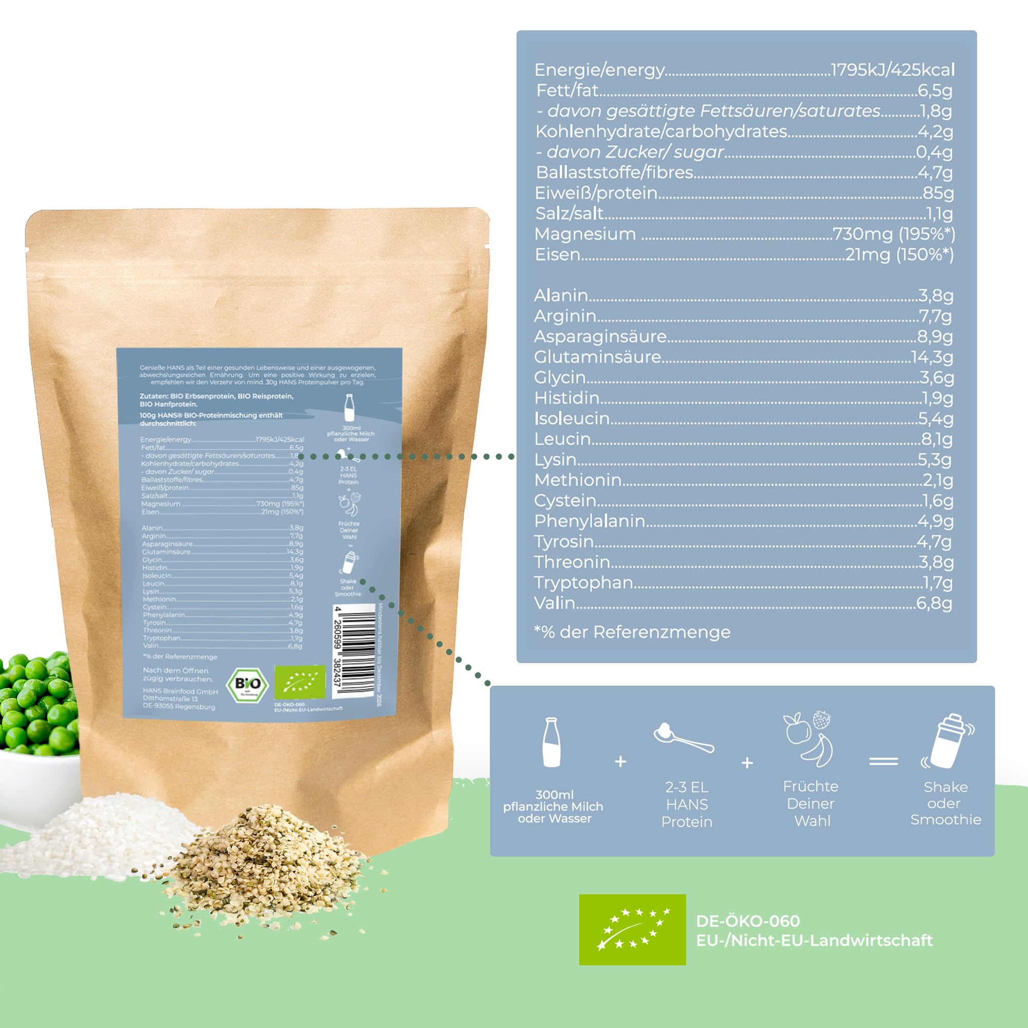HANS Brainfood Veganes Proteinpulver neutral - Bio Zertifiziert aus Bayern - 85% pflanzliches Eiweißpulver aus Erbse, Reis & Hanfprotein - Ohne Süßungsmittel - Cremig & gut löslich, 1Kg