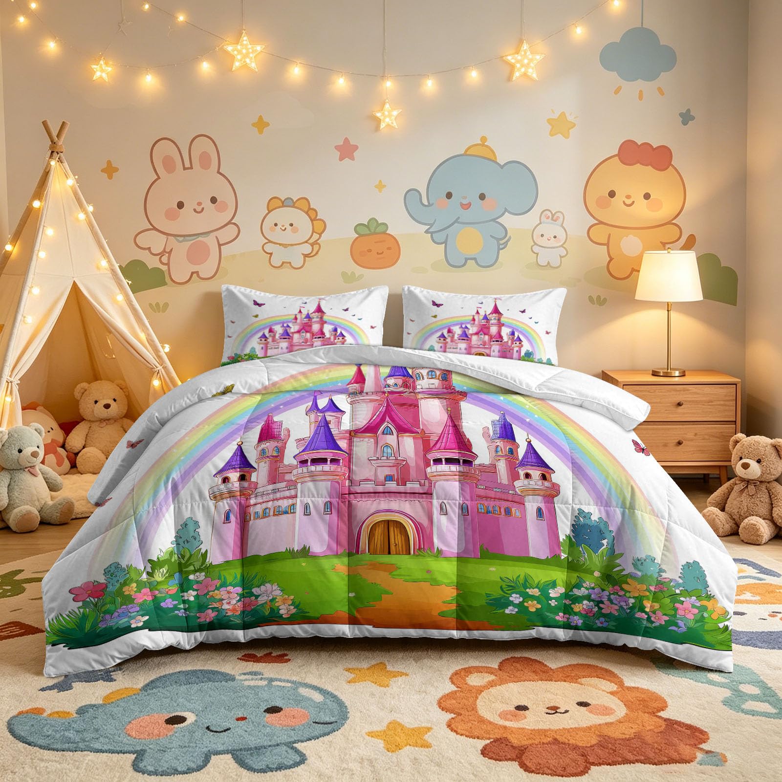 Edredón de 140 x 200 cm, diseño de castillo de arco iris, con mariposas, 1 persona, lavable, 4 estaciones, dibujos animados, suave e hipoalergénico, reversible sin fundas, con 2 fundas de almohada de