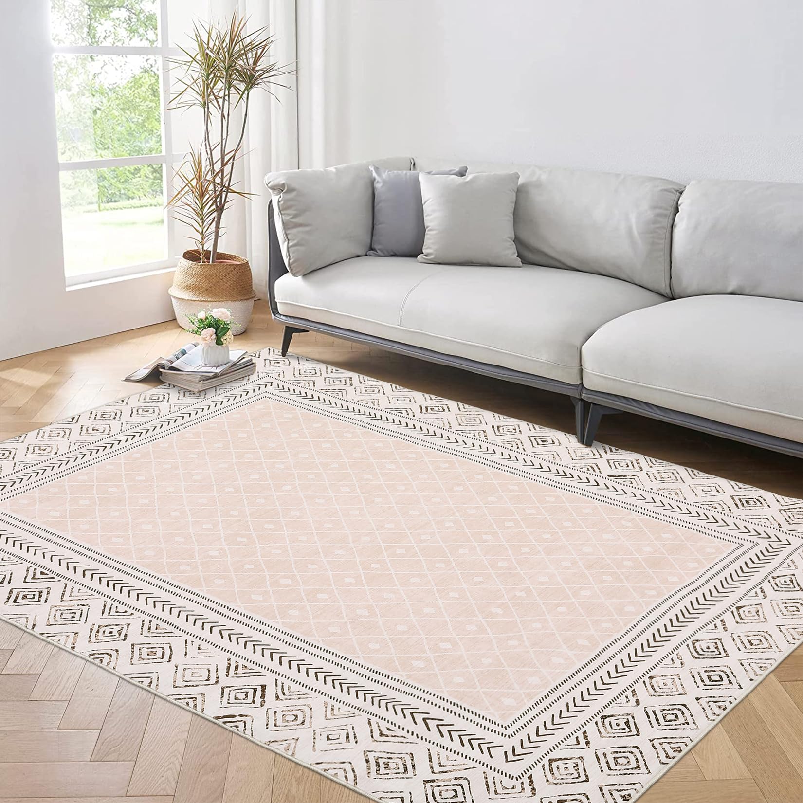 GarveeHome Modern Bordered 5x7 Area Rugs, Washable Rugs for Living Room Geometric Accent Rug Non Slip Non-Shedding Floor Carpet for Dining Room Indoor