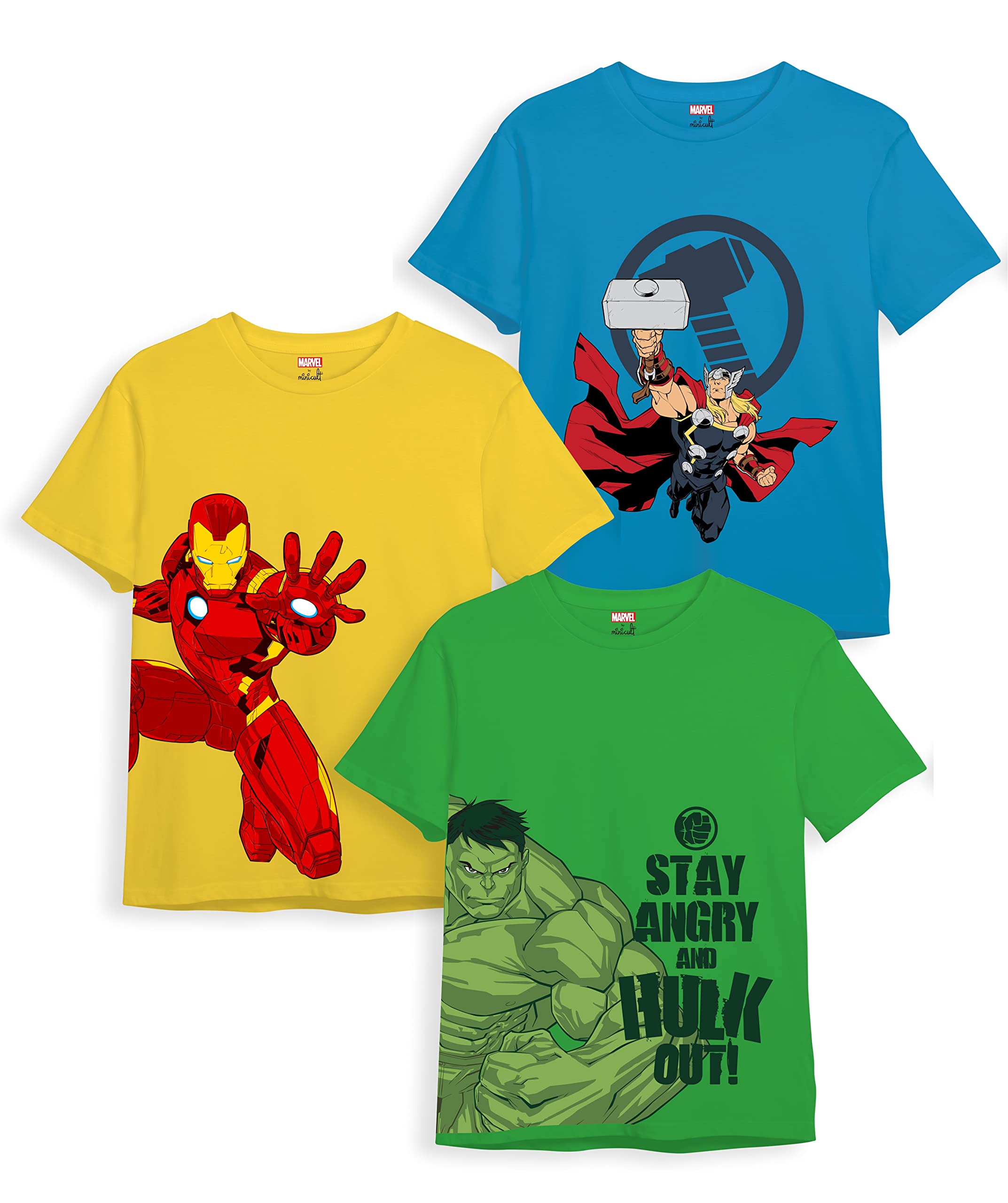 minicultMarvel's Avenger Regular Fit Character Printed Tshirt for Boys and Girls (Avengers)(BLue1)(T Shirt Pack of 3)