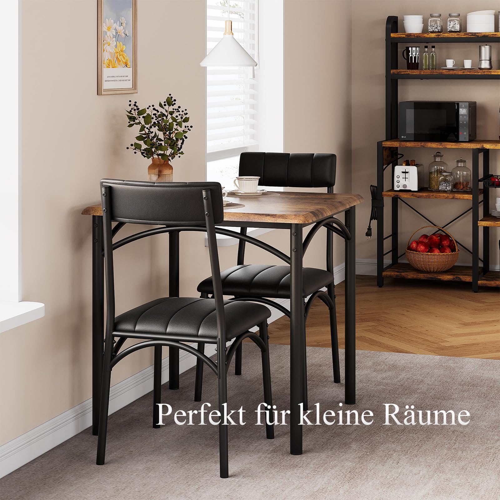 Essgruppen für 2 Personen, Kleiner Esstisch mit 2 Gepolsterten Stühlen, 3 Teiliges Küchentisch mi 2 Stühlen für Bistro, Küche, Wohnzimmer, Balkon, Restaurant - Retro-Holzfarbe