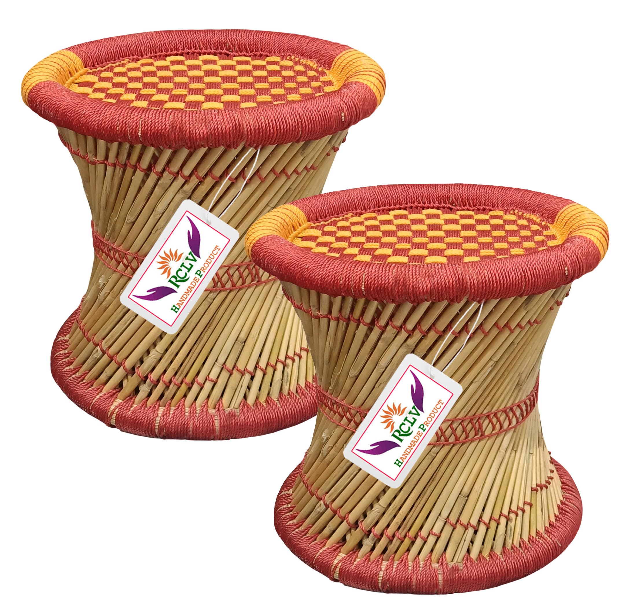 Pure Handmade Bamboo mudda Stool/Chair for Living Room/Office/Home/Indoor/Outdoor Garden with Round Shape with Combo Pack of-2 (Orange & Red)-image-17