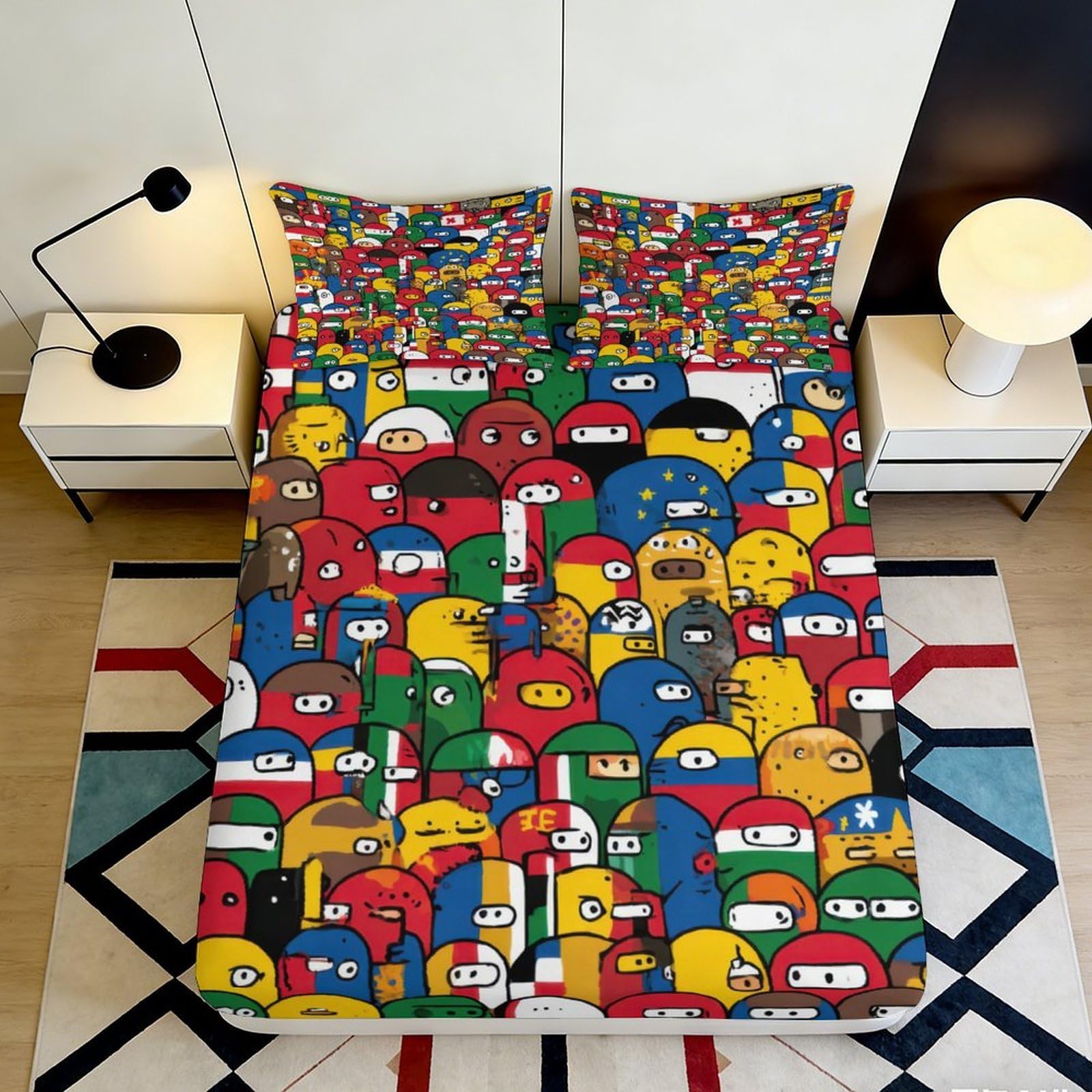 3D Printed Colorful Cartoon Characters Fitted Sheet Microfiber Soft Durable Vibrant Bed Cover for Bedroom Dormitory Guest Room Mattress Protection Decor 200x200x25cm