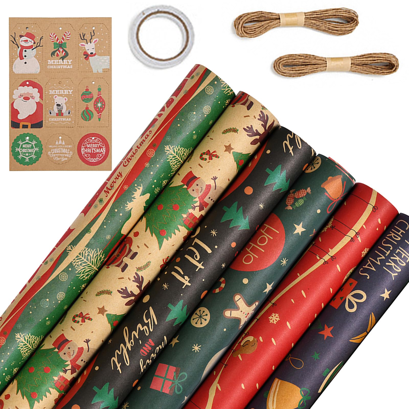 POPOYU Christmas Wrap Gift Wrapping Paper, Recycled Kraft Paper, 6 Folded Sheets 70x50cm Gift Wrapping Paper with Hang Tags Tapes Twine Reindeer Elk for Xmas Party Gifts Present, Christmas Decoration
