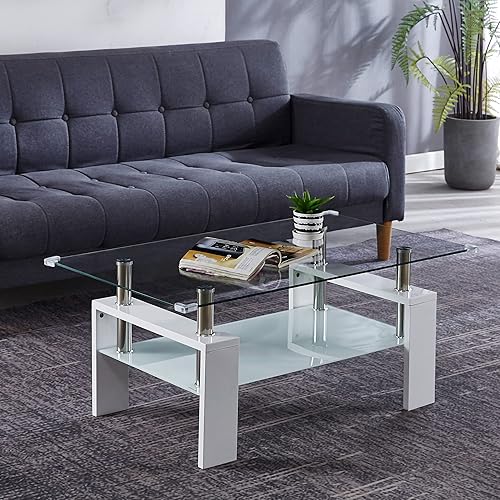 Miniatura 7 de Goujxcy Moderna mesa auxiliar cuadrada de vidrio para sofá con vidrio templado, mesa auxiliar de 2 niveles, mesita de noche, mesita de noche, mesa