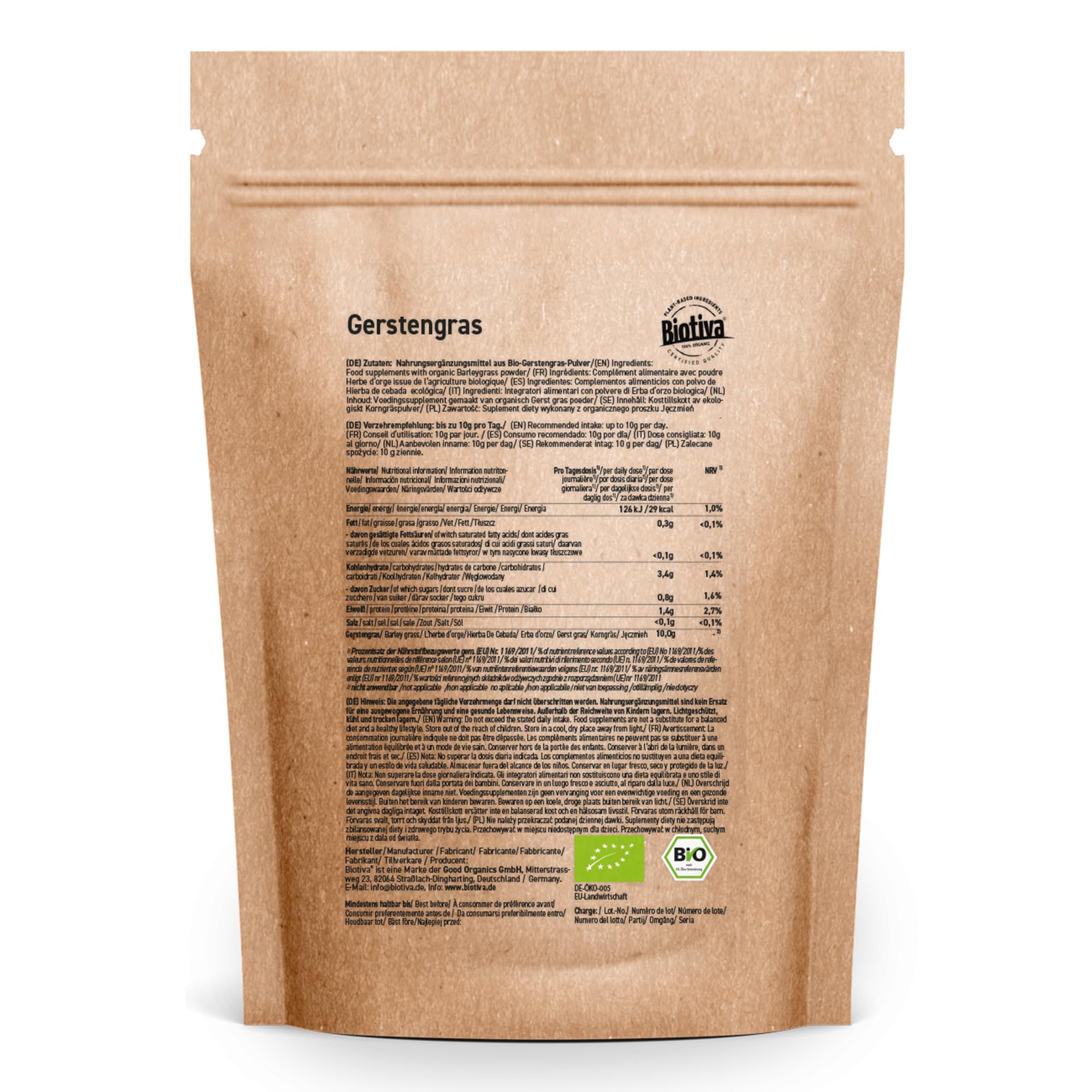 Polvere di orzo verde biologica 1kg (2x500g) - polvere di orzo giovane e fine dalla Germania - certificata Bio - gusto delicato - confezionata e controllata in Germania - Biotiva