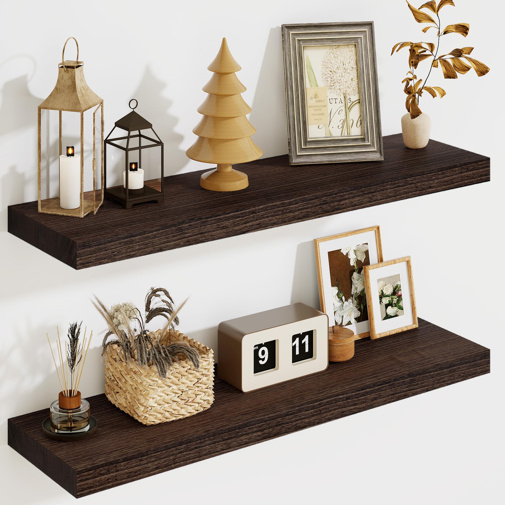 Solid Wood Floating Shelves for Wall 24"W x 8"D x 1.56"H Set of 2, Deep Wall Shelves for Living Room Bedroom Bathroom Kitchen Decor Storage with