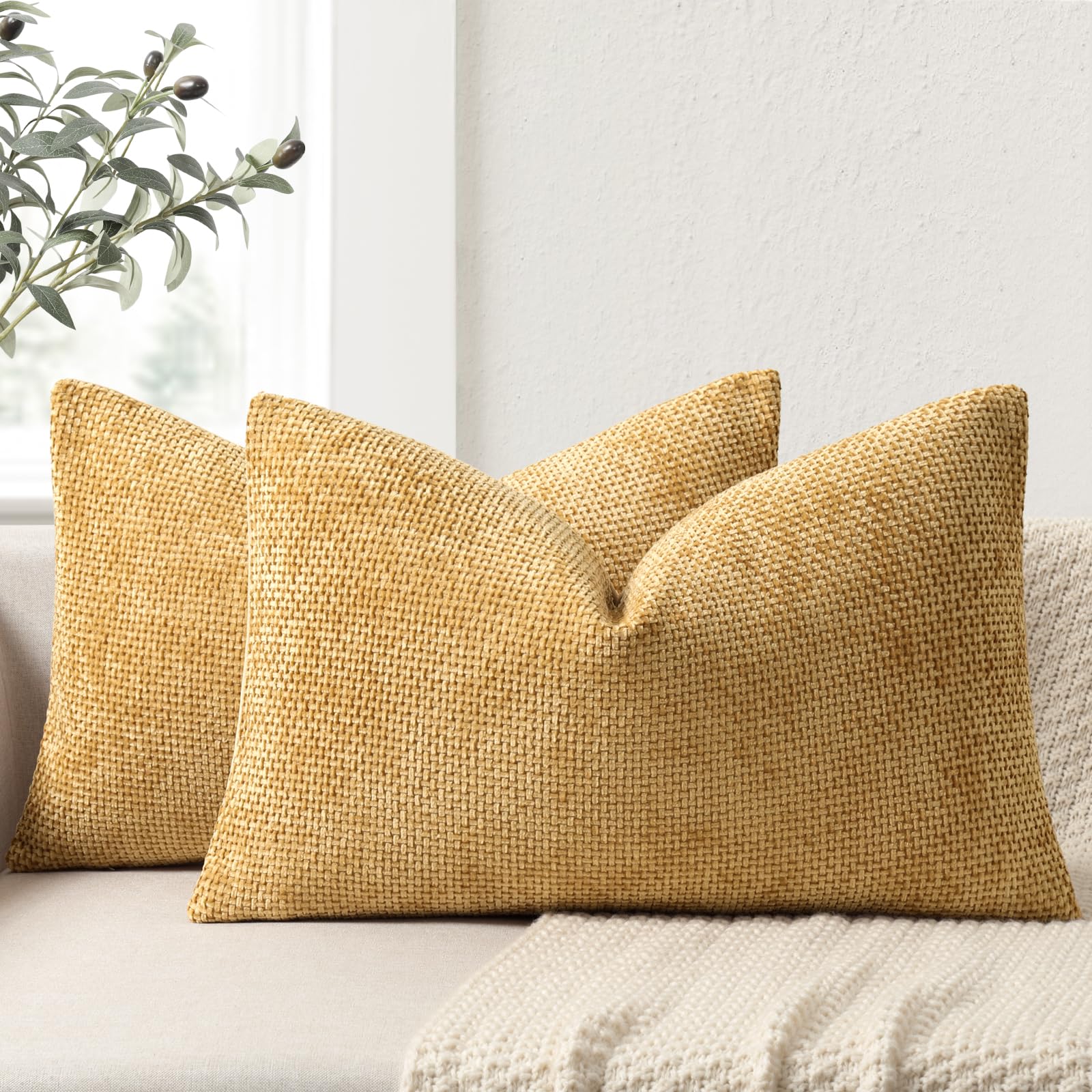 ZWJD Cushion Covers 30x50cm 2 Pack – Soft Chenille Decorative Pillow Cases Yellow Sofa Cushion Covers for Couch, Bed and Living Room Home Decor Throw Pillow Covers