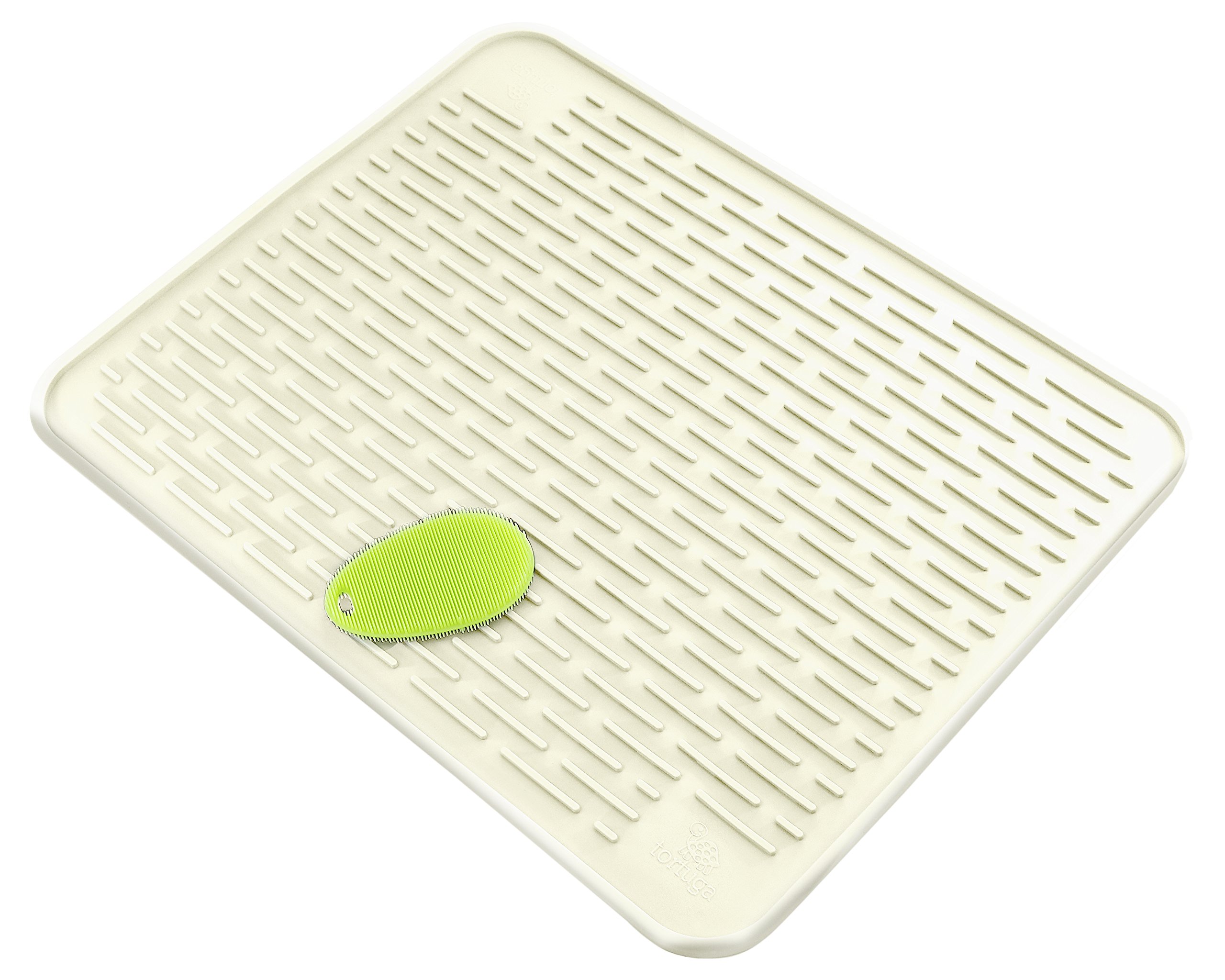 Tortuga Home Goods XXL Dish Mat 23" x 18" (Largest MAT) Durable Silicone Dish Drying Pad with Stay Clean Scrubby | Dish Washer Safe | Heat Resistant Trivet | (Pure White)