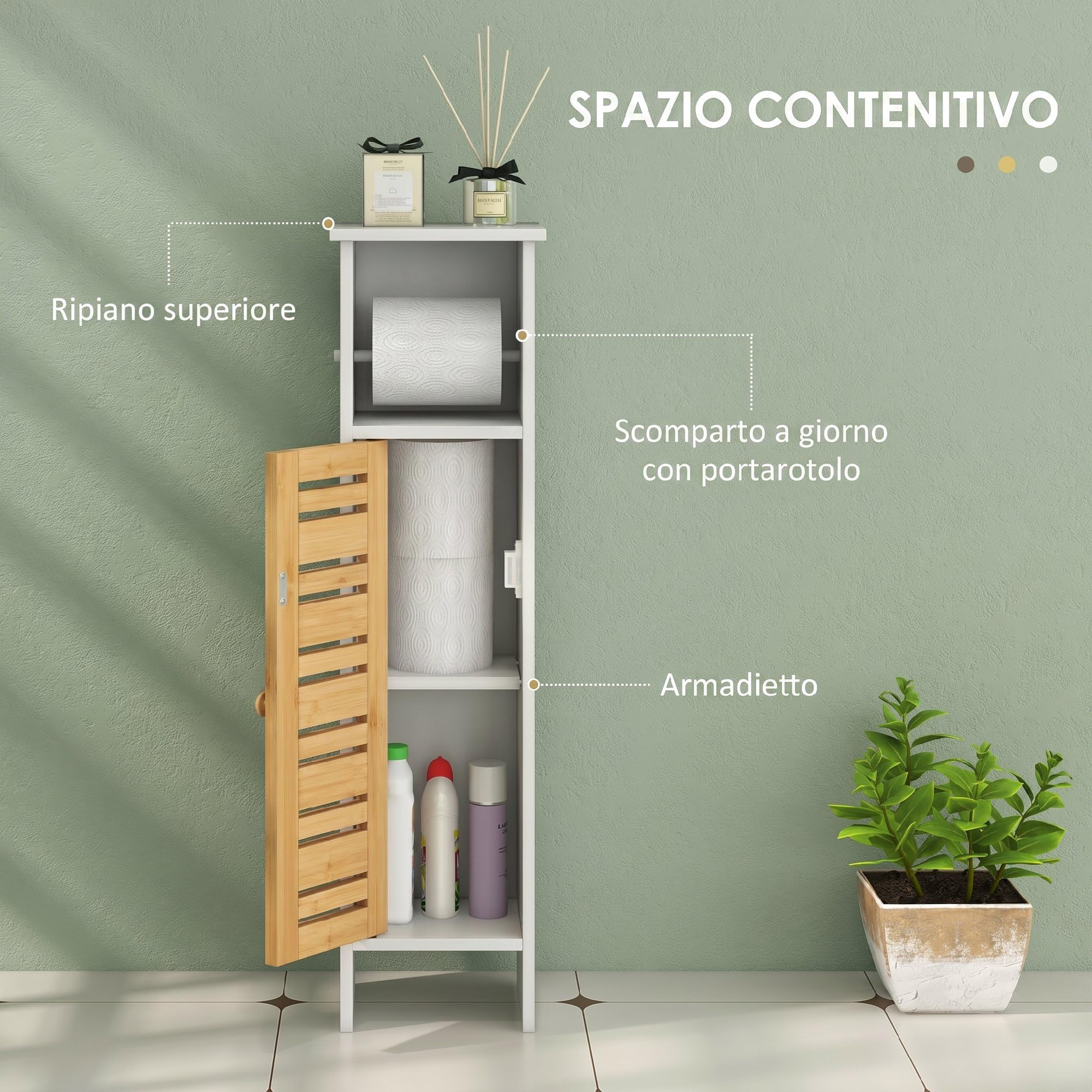 HOMCOM Mobile Bagno Slim con Ante in Bambù Salvaspazio 21x17x78 cm Bianco | Mobiletto Bagno Salvaspazio, Ripiani Regolabili, Porta Rotolo di Carta Igienica