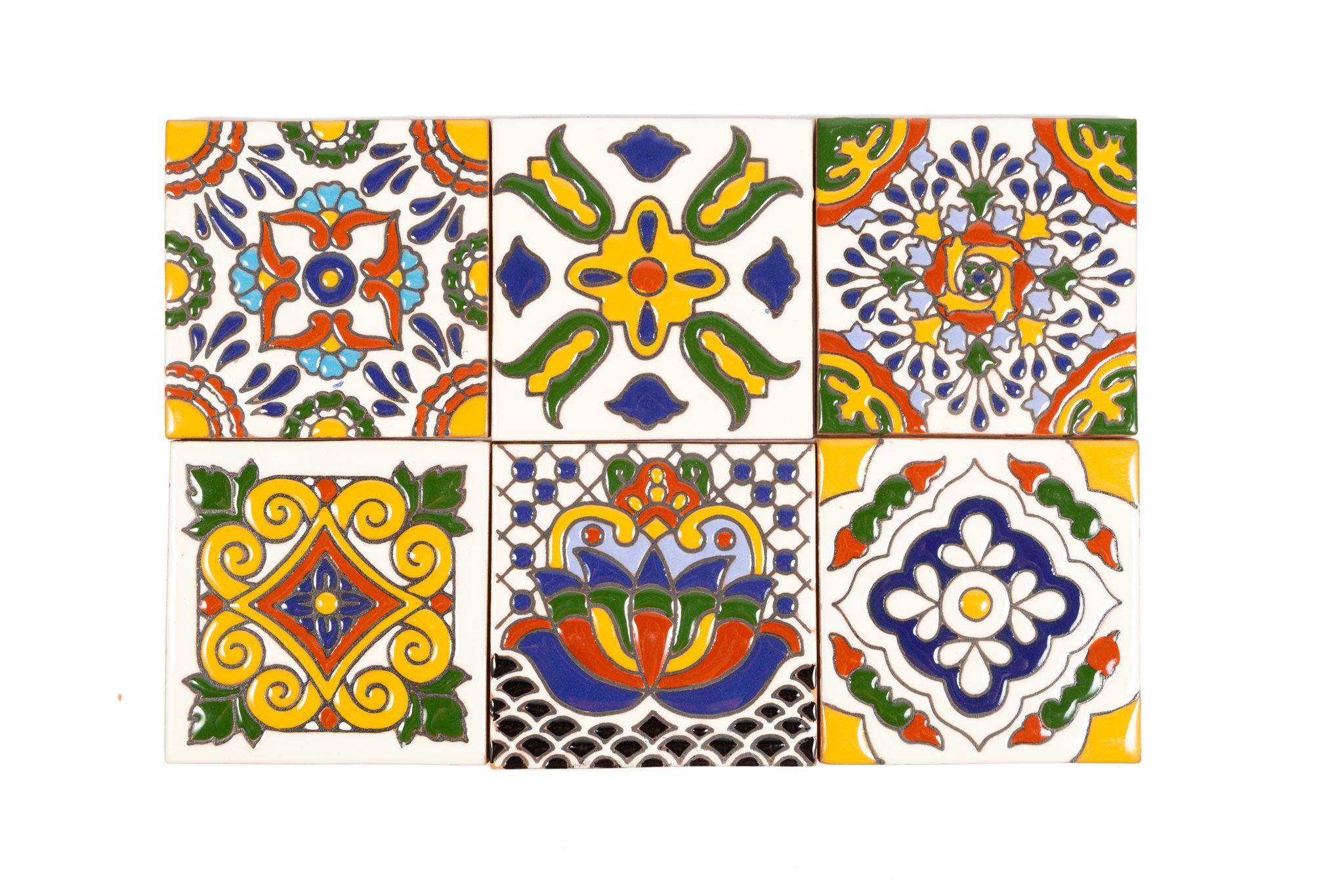 Cerames azulejos de mosaico Talavera Sergio Relieve - 30 azulejos decorativos de cerámica mexicana para baño, ducha, escaleras, pared posterior de la cocina | azulejos de mexicanos 10,5x10,5 cm