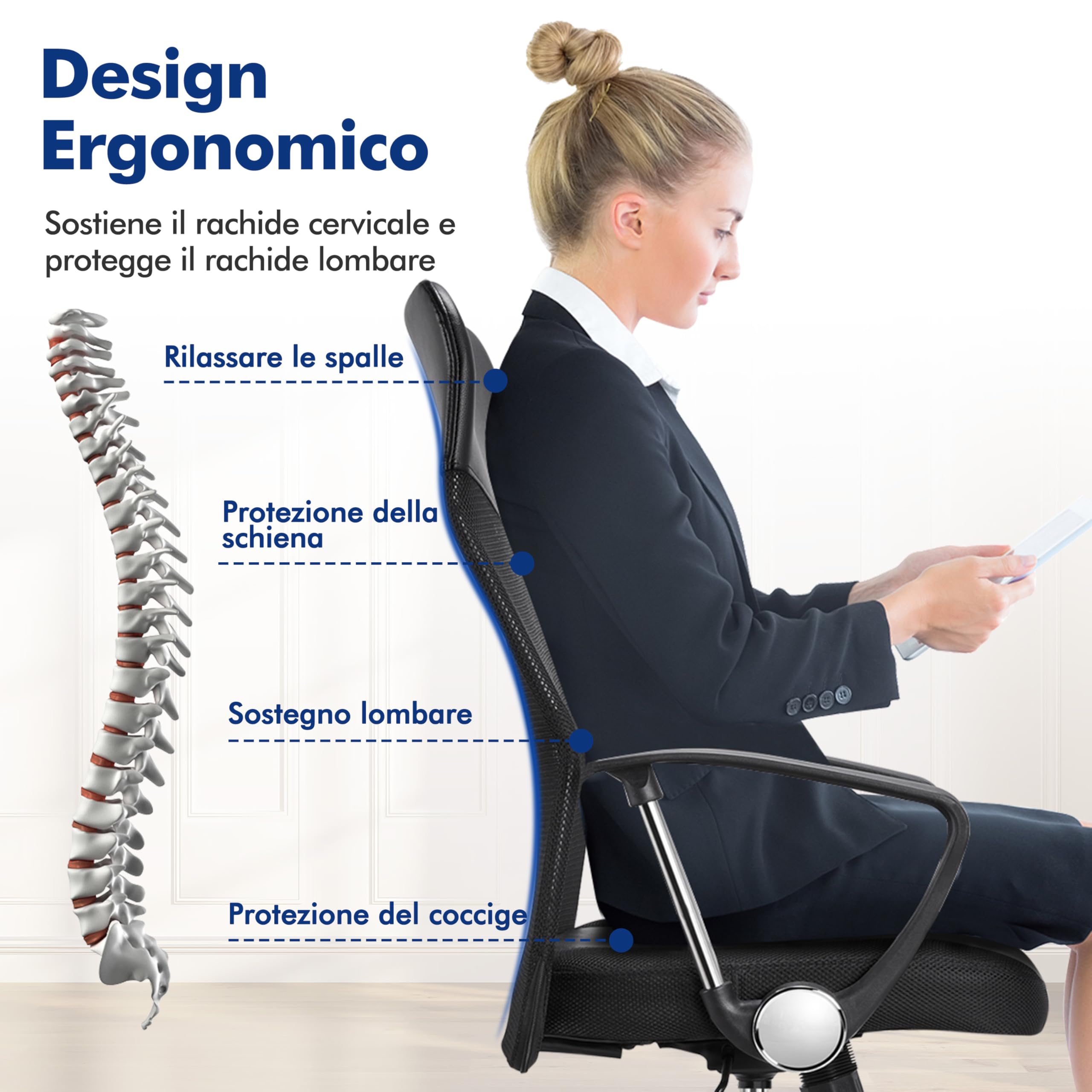 Sedia Ufficio Ergonomica Sedia da Scrivania Girevole Inclinabile in Rete Traspirante Schienale Alto Imbottita Altezza Regolabile con Braccioli e Rotelle Portata di 135kg Nera