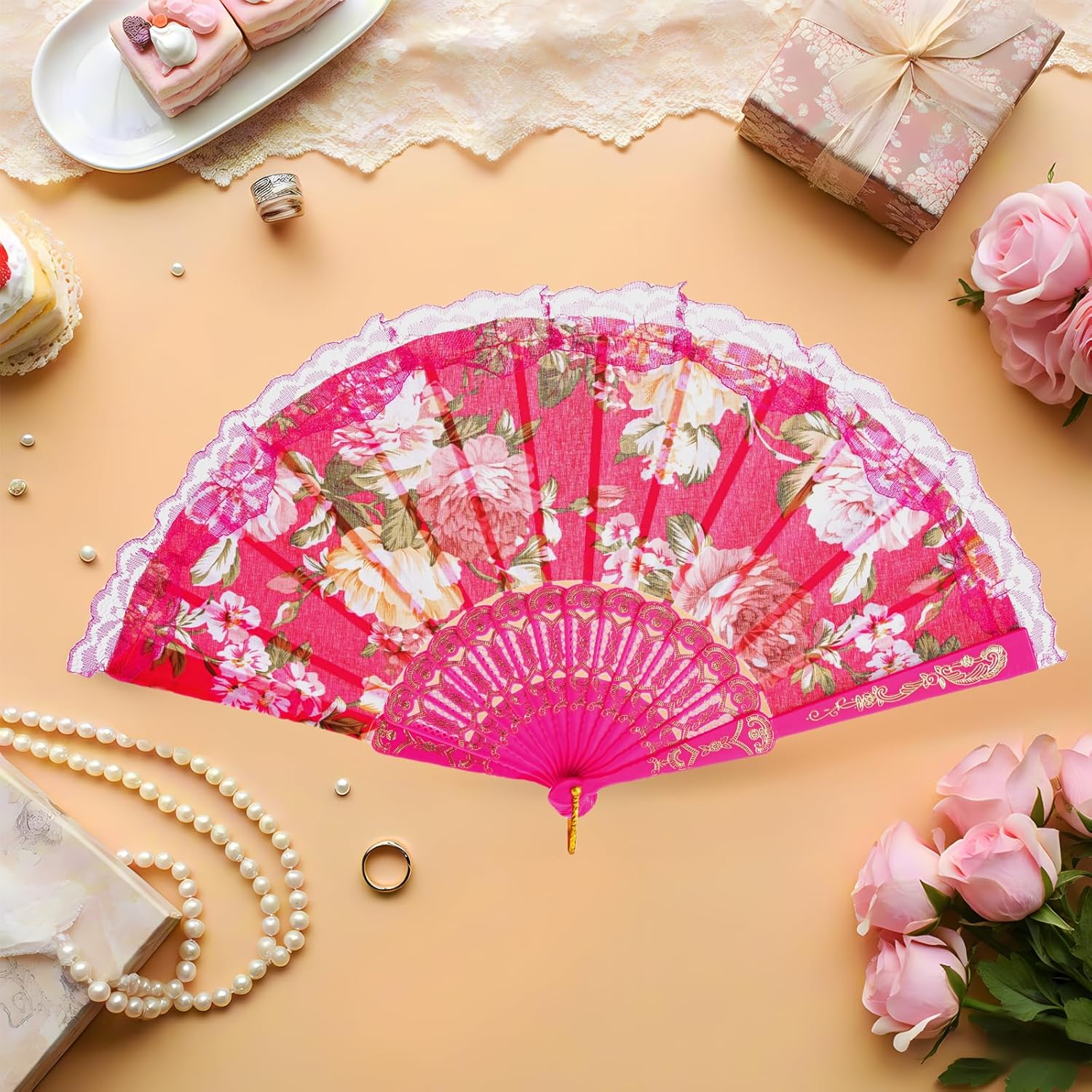 QIRMIZI 20 Pack Large Folding Silk Hand Fans - Elegant Chinese Rave Fan,Handheld Renaissance Fan for Festival, Dance, and Decorations,Deeppink