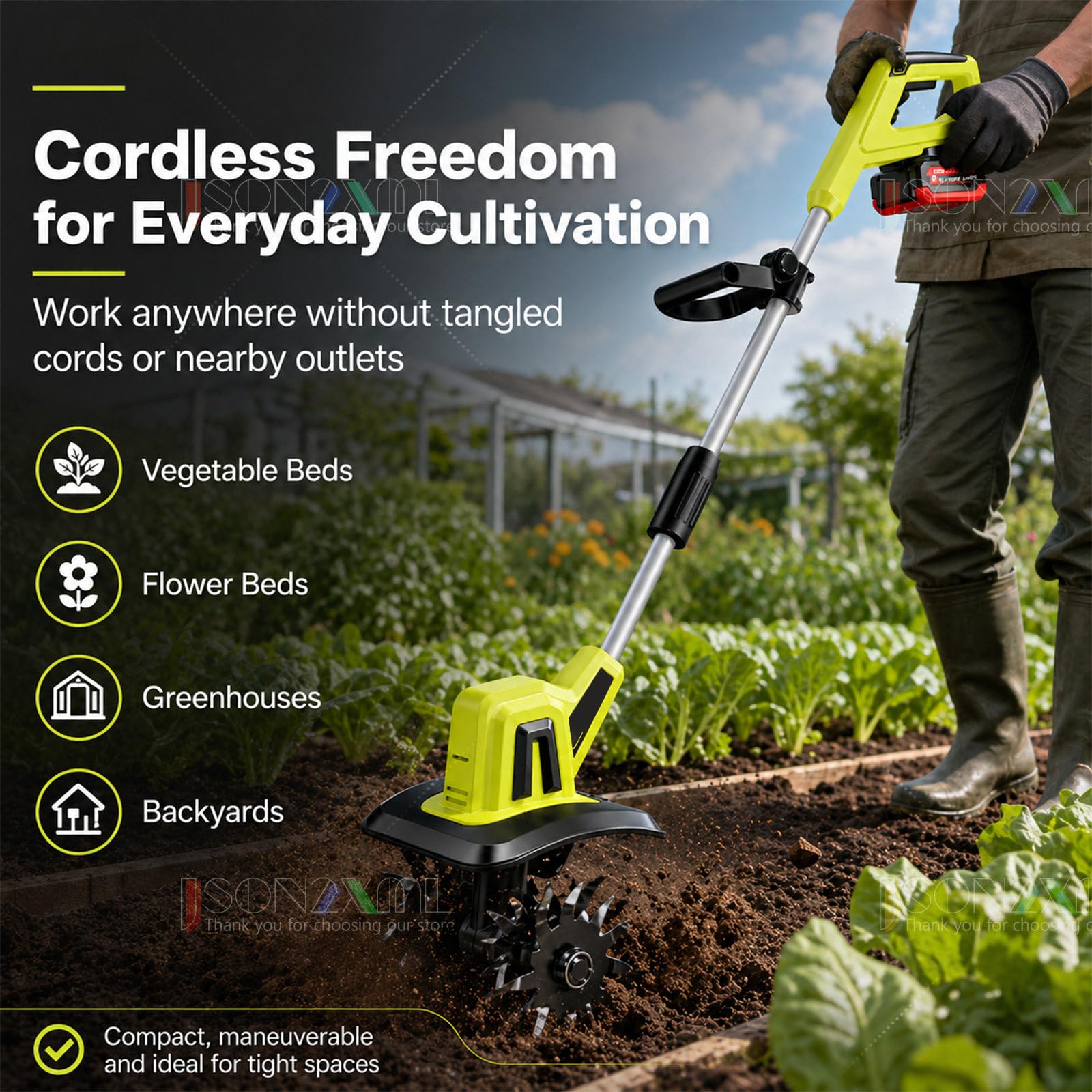 Cultivador Y Motoazada Eléctrica Inalámbrica para Jardín, con Batería Recargable 4.0 Ah Y Área De Trabajo De 9.84" De Ancho × 8.66" Profundidad; Motoazada Manual Ideal para Huertos 1battery