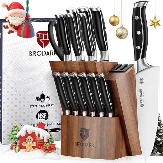 BRODARK Kitchen Knife Set with Block, Full Tang 15 Pcs Professional Chef Knife Set with 2 Stage Knife Sharpener, NSF Certified German Stainless Steel Knife Block Set, Steel-king Series with Gift Box