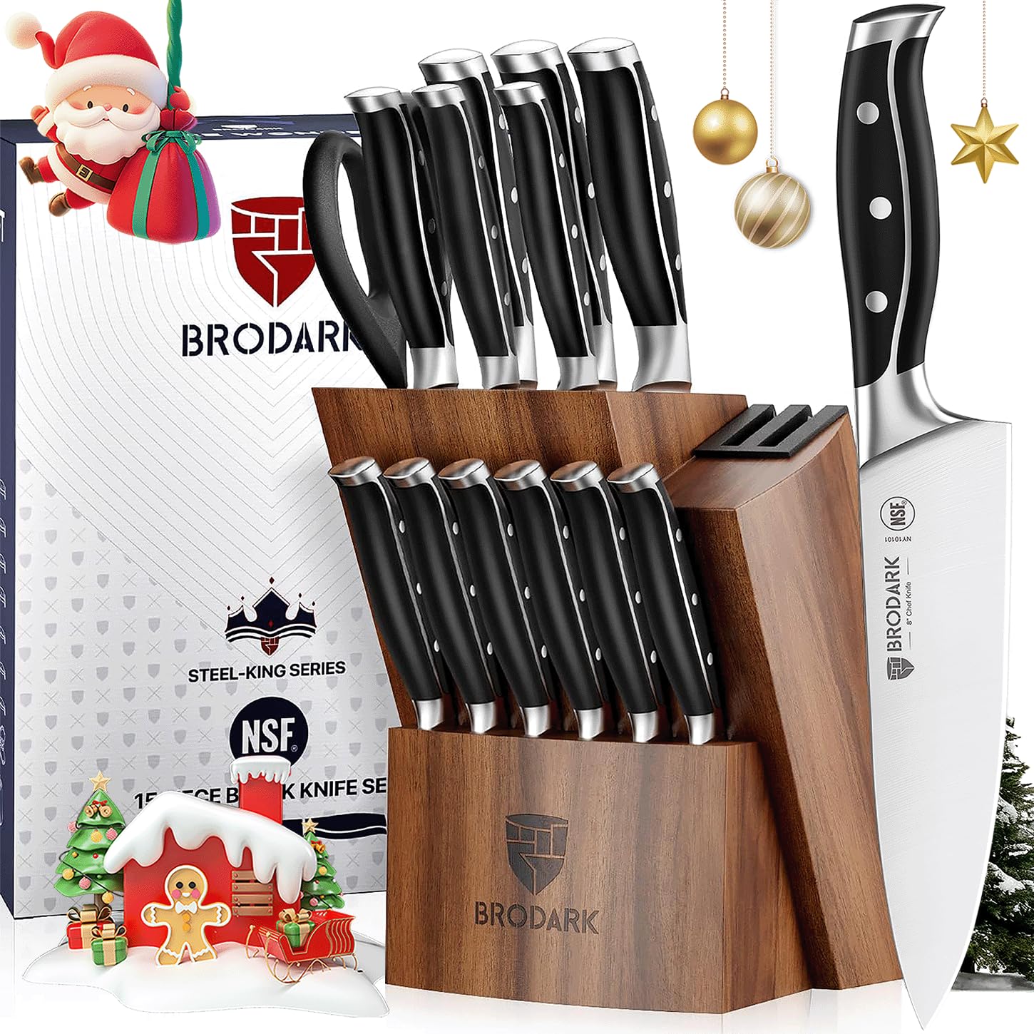Kitchen Knife Set: Full Tang 15 Pcs Professional Chef Knife Set with Sharpener, Razor-sharp Knives Set for Kitchen, German Stainless Steel Knife Block Set, Steel-king Series for Christmas Gift