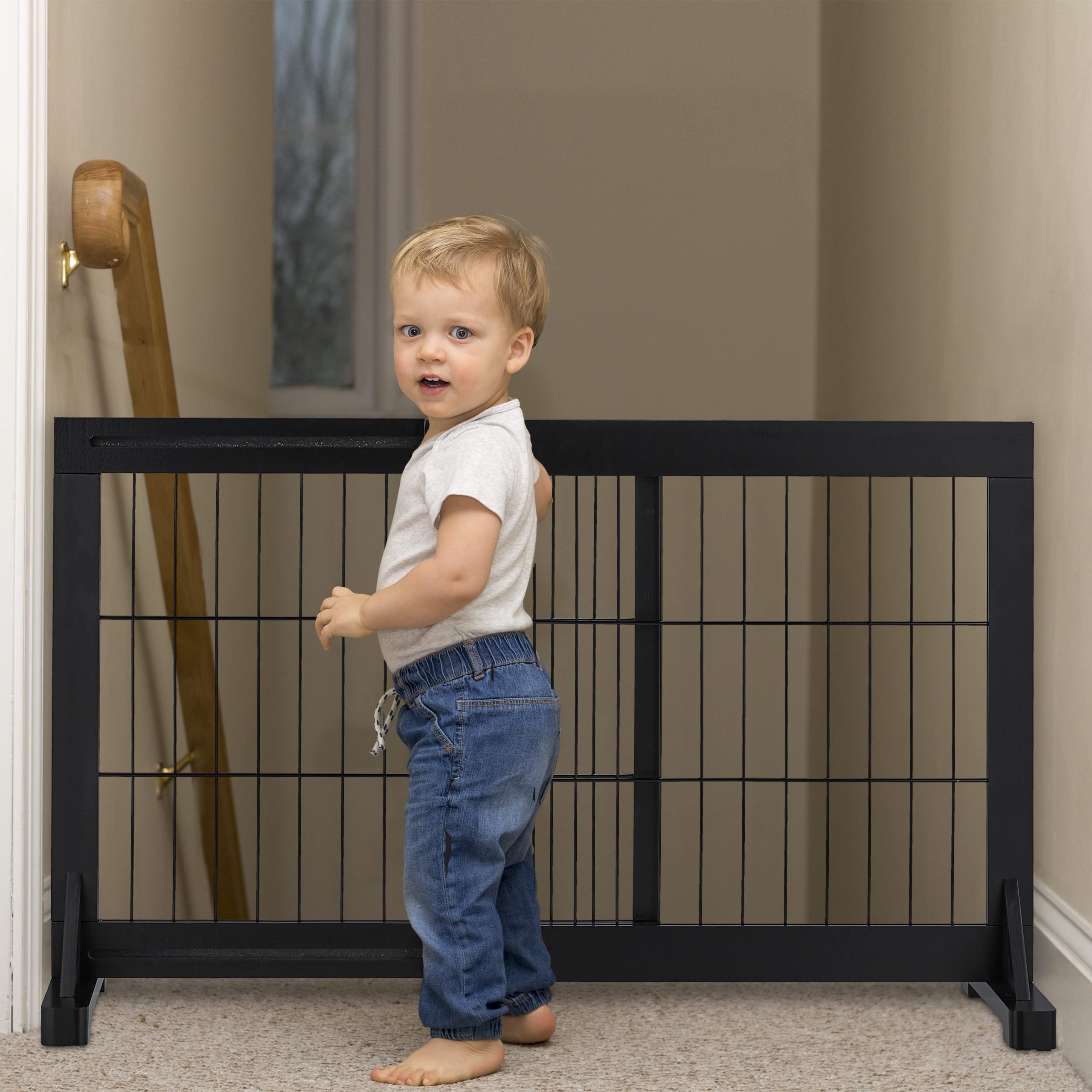 Relaxdays Barrera Seguridad Niños y Perros, Valla Protectora Puerta o Escalera, sin Taladrar, 56 x 70-115cm, Negra