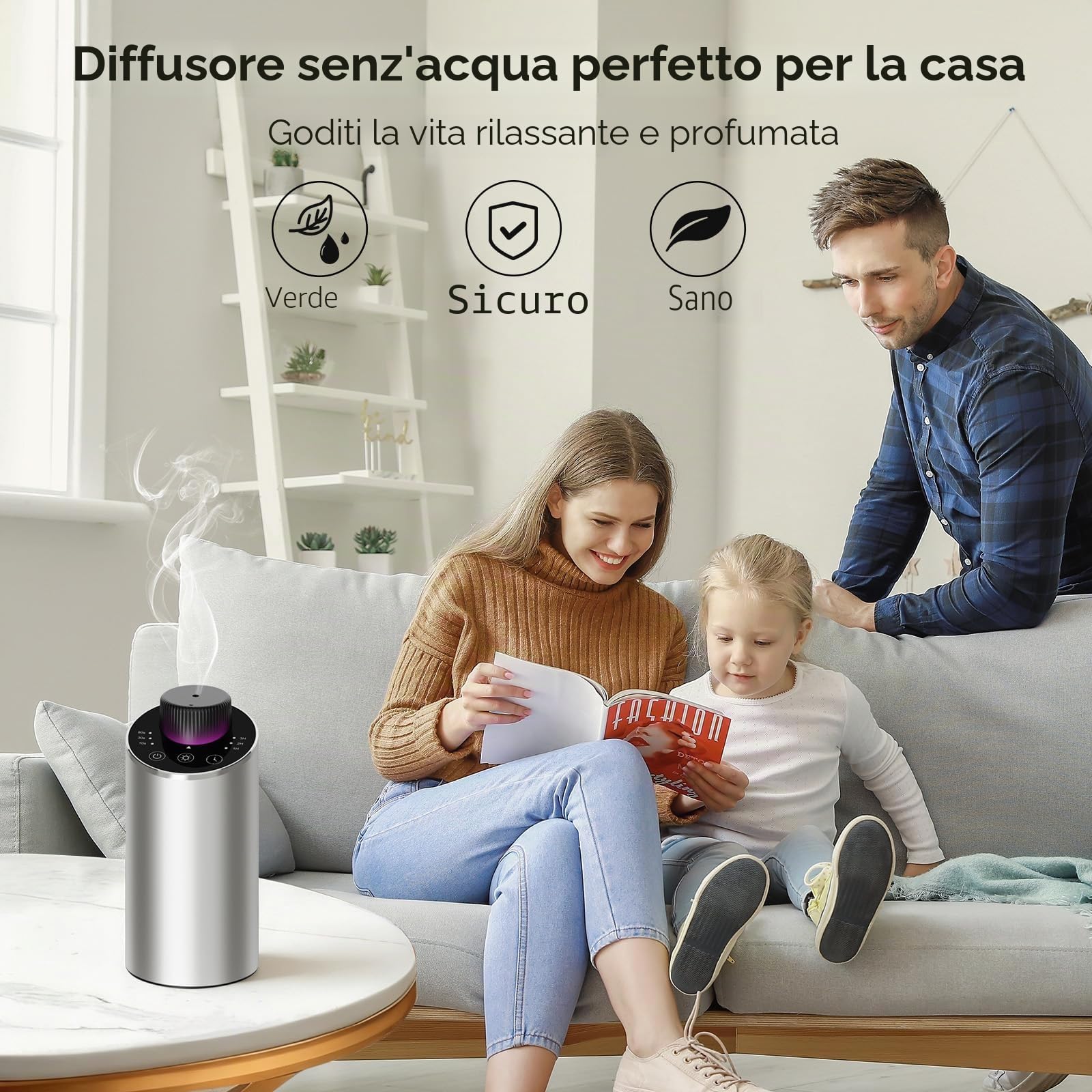 Diffusore oli essenziali, Diffusore di oli essenziali per Auto,Ufficio, Casa, Mini diffusore di aroma batteria, 4 timer e 3 livelli di nebbia (Argento)