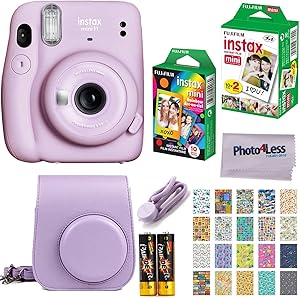 Fujifilm Instax Mini 11 Instant Camera - Lilac Purple (16654803) + Fujifilm Instax Mini Twin Pack Instant Film (16437396) + Single Pack Rainbow Film + Case + Travel Stickers