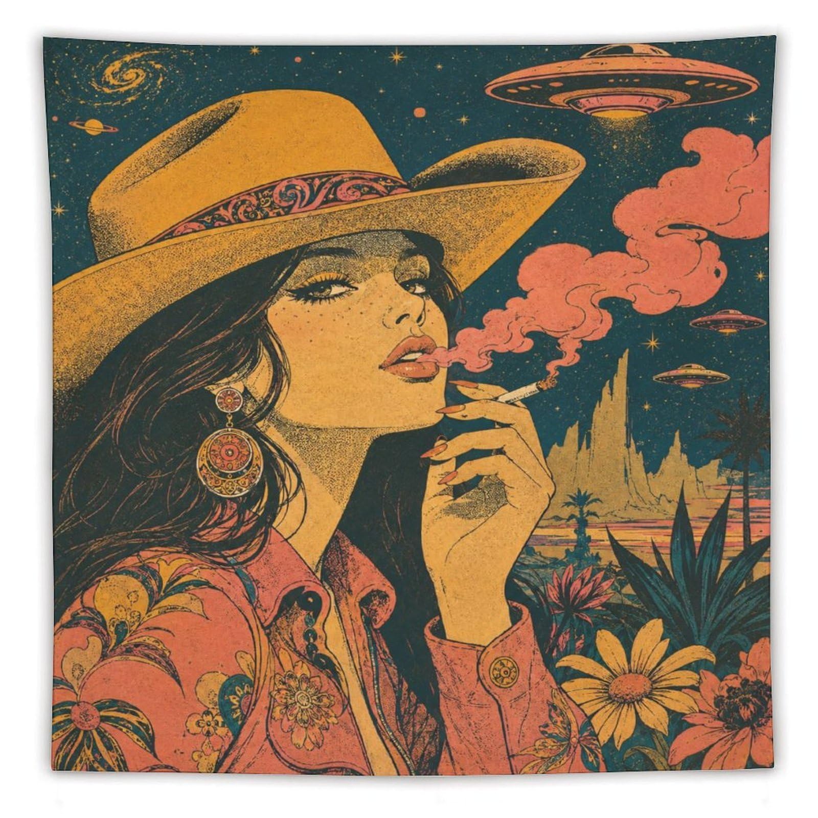 H3B8U2Y5 Cowgirl with UFO Wall Tapestry, Vintage Poster, Retro Sci Fi