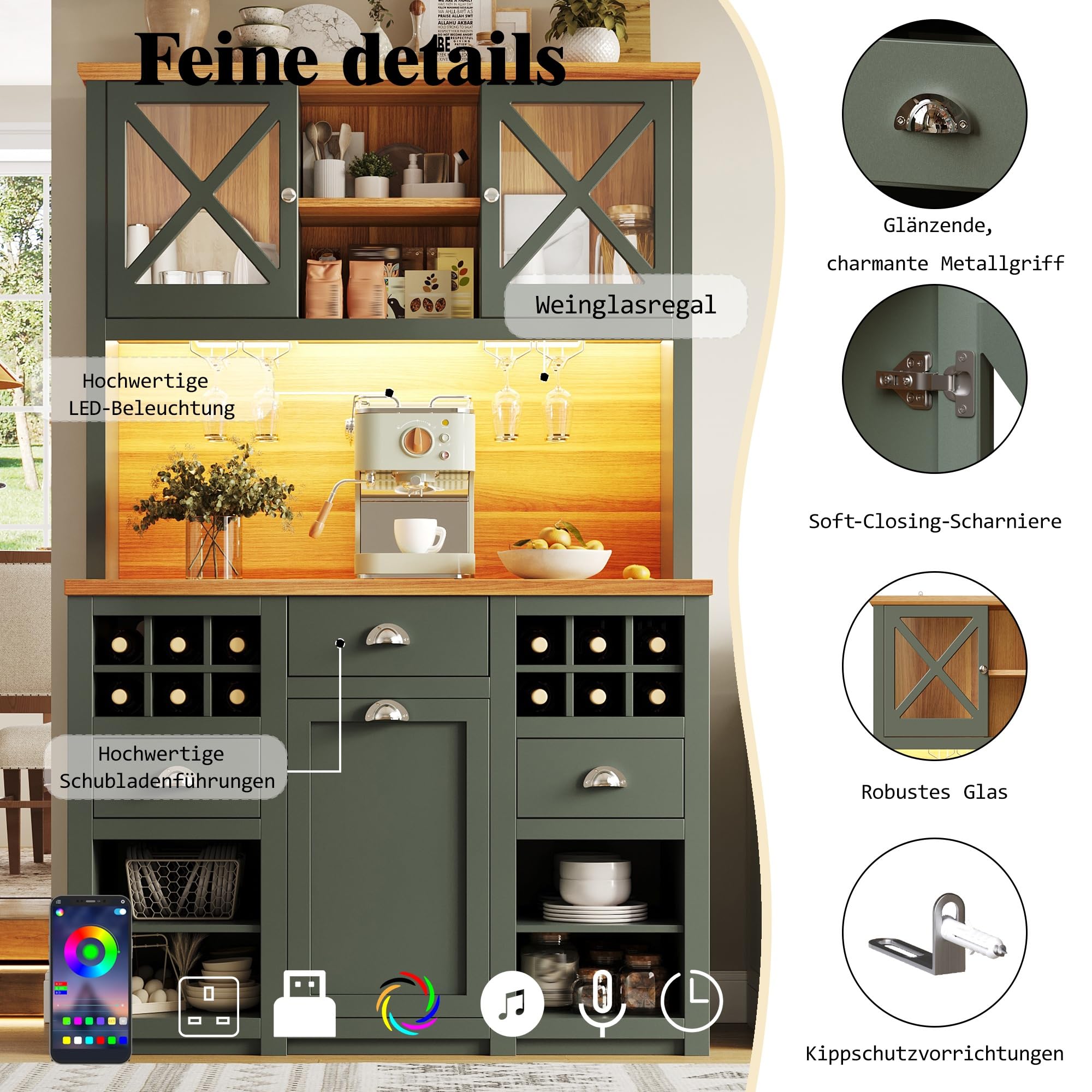 Hohe Küchenschränke (120 x 45 x 188 cm), Sideboards, mit Glastüren und LED-Beleuchtung, Beistellschrank mit Weinregal, Verstellbare Regalböden, Grün