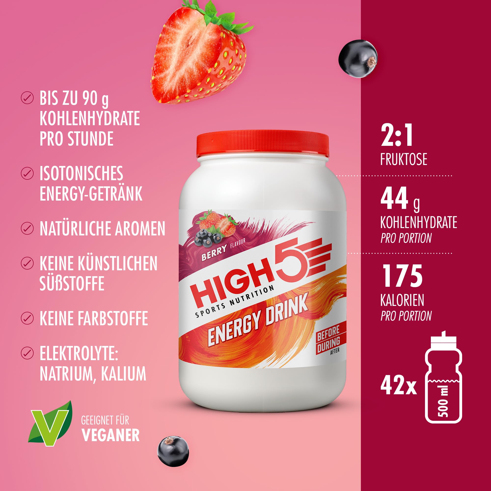 HIGH5 Sport Energy Drink - Isotonisches Getränkepulver mit Electrolytes - Kohlenhydrate Pulver & Elektrolyt Pulver für Endurance und Hydration - Natürliche Aromen, Vegan (Beere, 2,2kg, 46 Portionen)