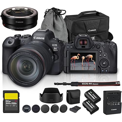 Canon EOS R6 Mark II Mirrorless Camera Kit with RF 24-105mm f/4 Lens | 24.2MP Full-Frame, 4K 60fps, Vlogging & Professional Photography (5666C011) + Adapter EF-EOS R + LP-E6P Battery + 64GB Card + Bag