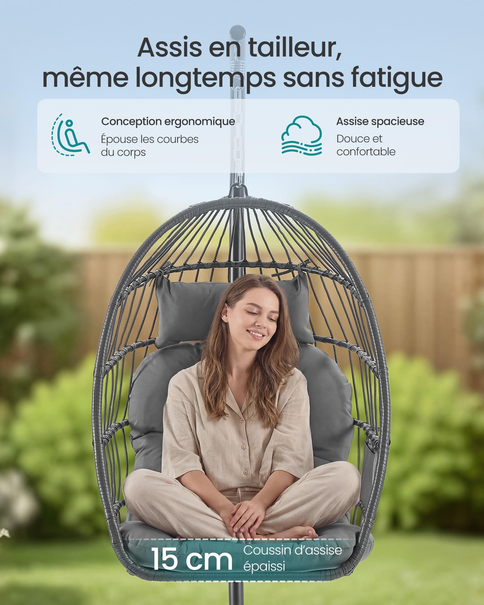 SONGMICS Chaise Suspendue Extérieur, Nacelle Pliable et Amovible, Fauteuil Oeuf Réglable en Hauteur, Poche de Rangement, Coussin d’Assise Rembourré, pour Salon, Jardin et Balcon, Gris GDC050GZ01