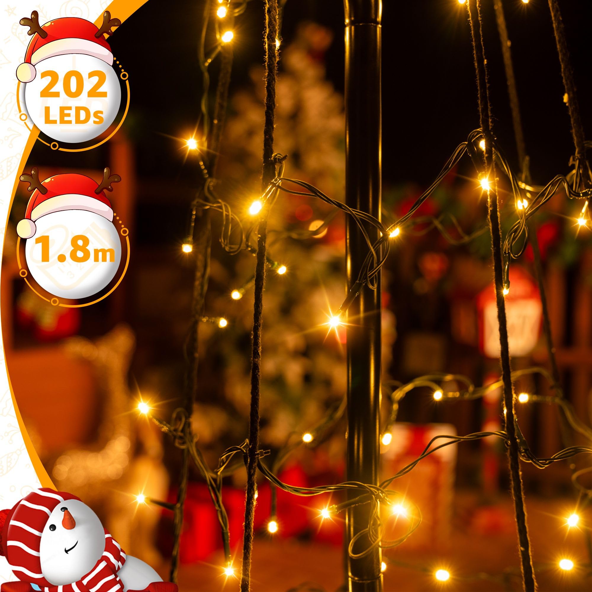 Ollny Weihnachtsbeleuchtung außen 202LEDs 180 cm Lichterkette Weihnachtsbaum, Timer dimmbar mit 8 Modi, IP44 Weihnachtsdeko mit Fernbedienung für Rasen Garten (Warmweiß)