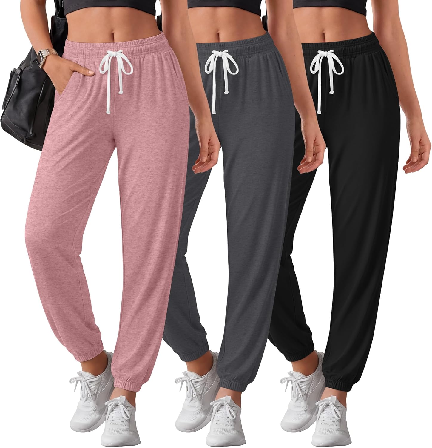 3 Pack Womens Sweatpants Lightweight Joggers Lounge Pants Casual Tapered Cuffs Elastic Drawstring with Pockets