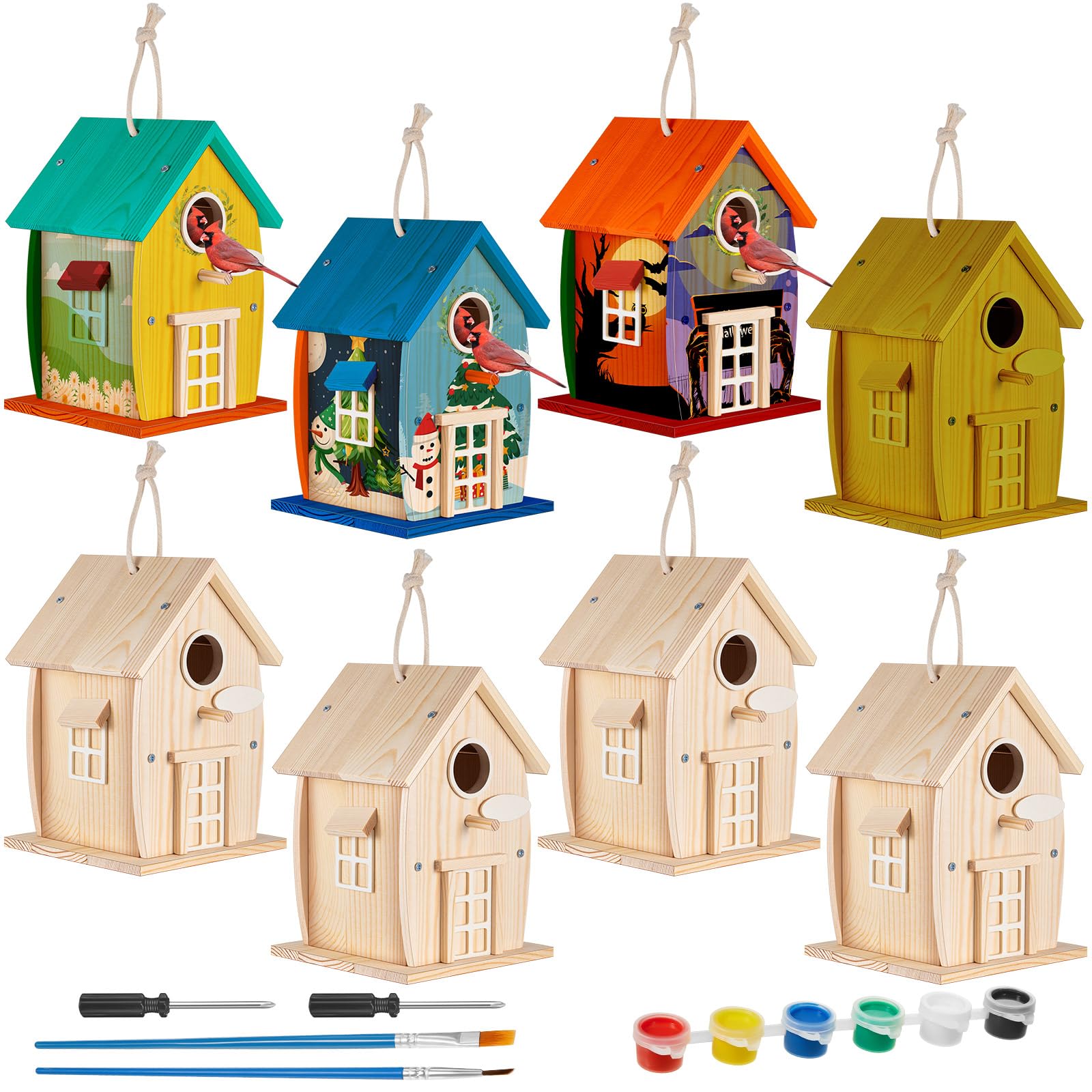 Liliful 8 Pack Wooden Bird House Kits for Kids, Rural Style