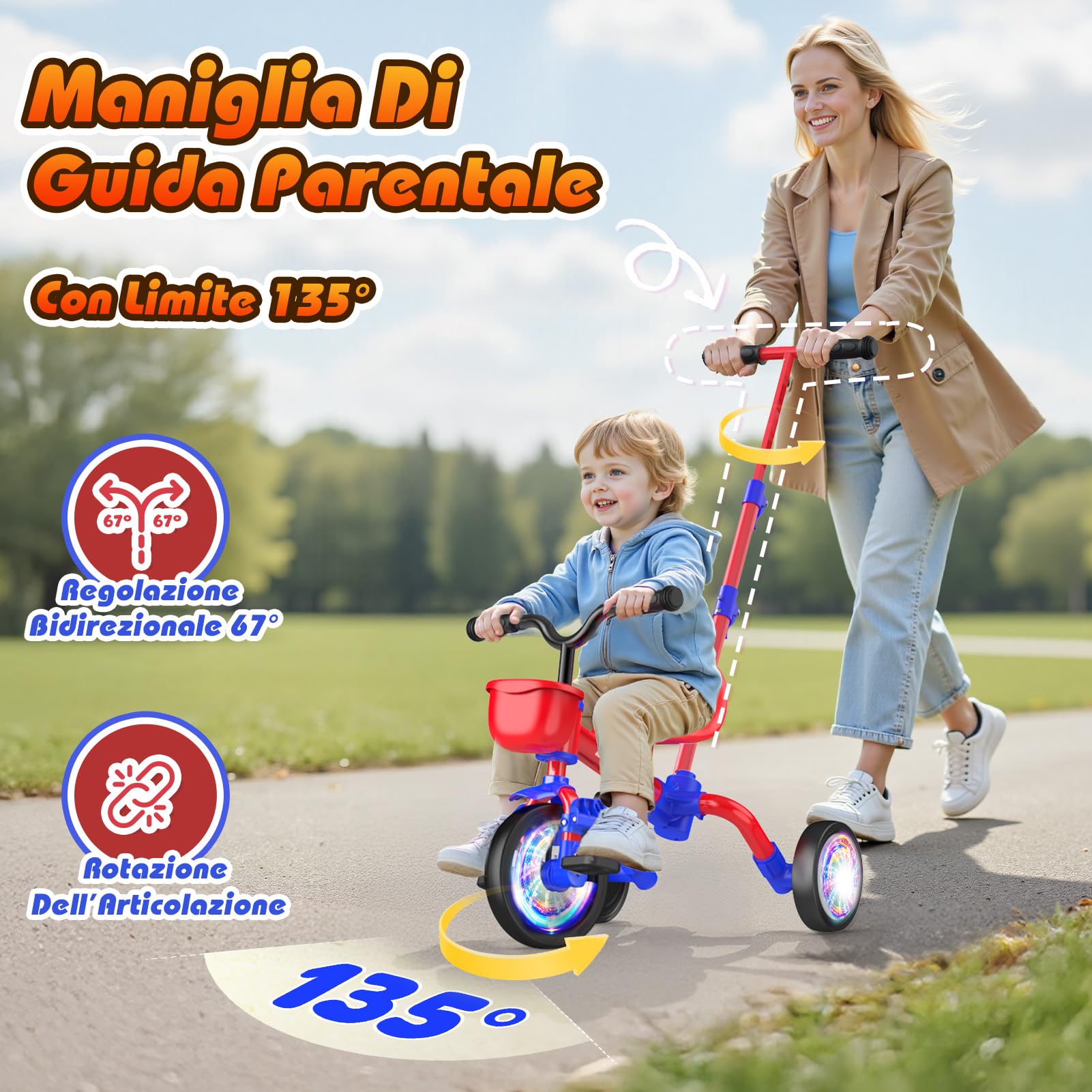 HappyGoLucky 5 in 1 Triciclo per Bambini Evolutivo, Bicicletta Bambini 1-5 Anni-Ruote Luminose/Maniglia Parentale/Sedili&pedali Regolabili