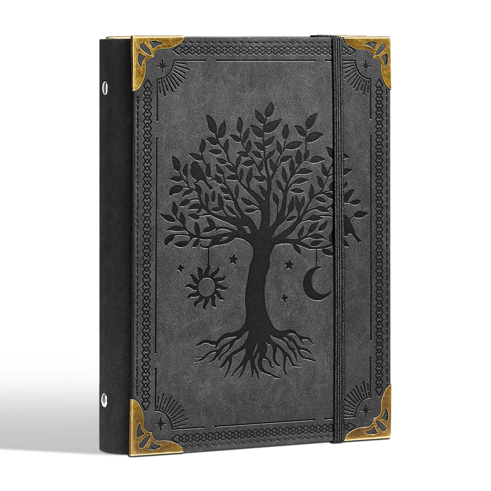Ovesmusl PU Leather A5 Binder 6 Ring Refillable Journal Cover No Refill Paper A5 Planner Binder Loose Leaf Binder for Notebook 5.7”x8.3” with Elastic Closure, Black Tree