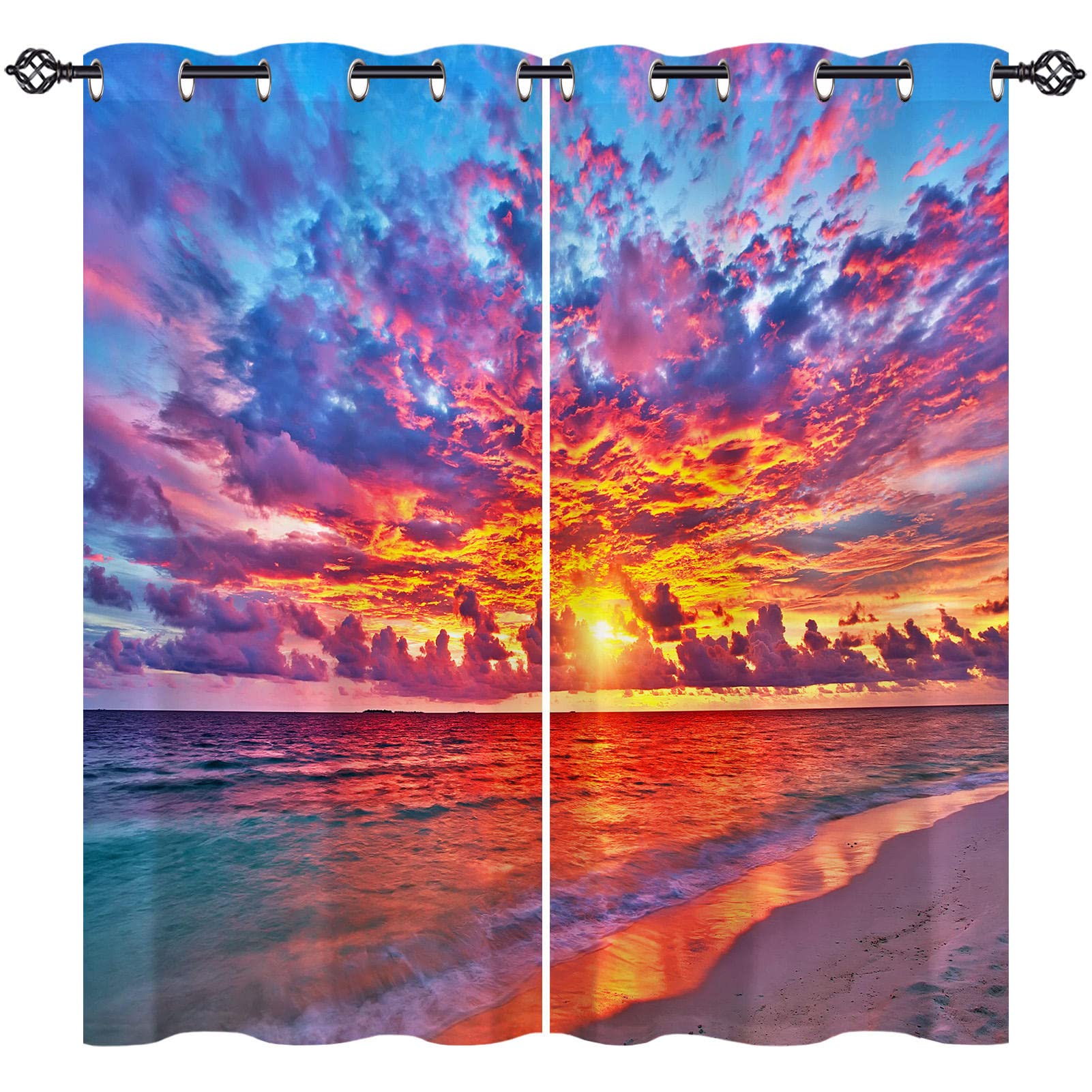 ANHOPE Sunset Beach Curtains Eyelet 80% Blackout Room Darkening Curtains with Hawaii Coastal Seaside Ocean Print Pattern Light Blocking Window Drapes for Bedroom Living Room 46 x 63 Inch Drop 2 Panels