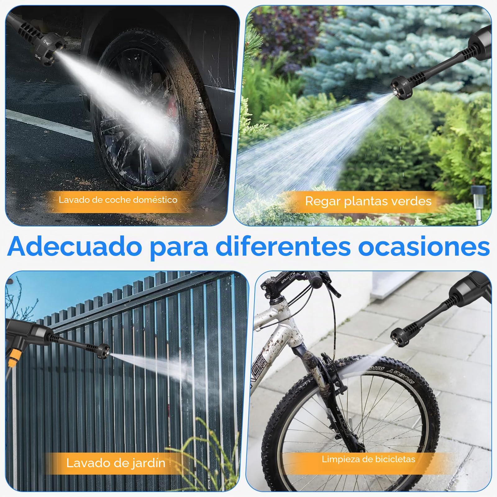 Limpiador de alta presión con batería, pistola de agua portátil y boquilla ajustable 6 en 1, manguera de 5 m, 2 limpiadores de alta presión 4000 mAh para coches, suelos