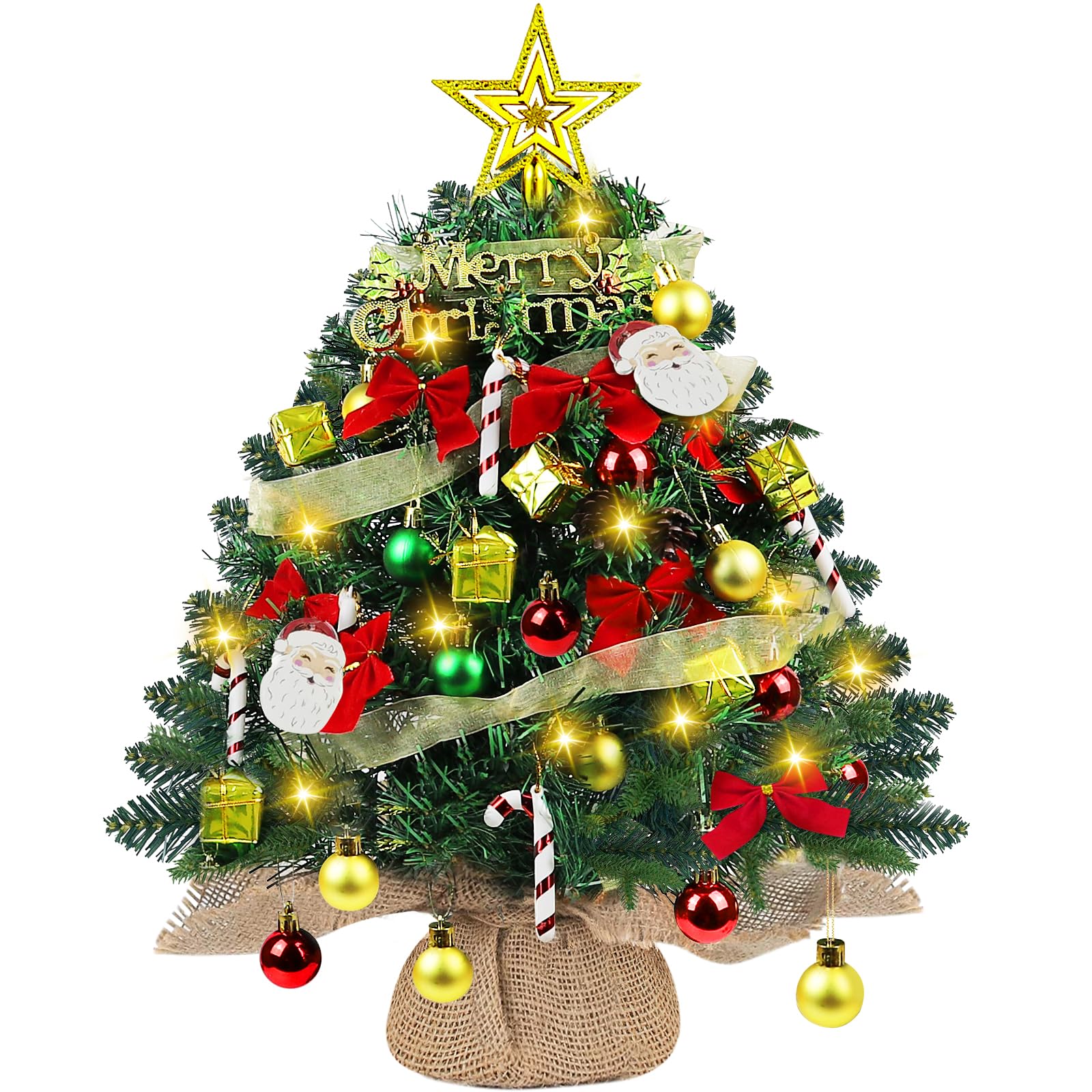Mini árbol de Navidad con iluminación LED, 24"/60 cm, pequeño árbol de Navidad artificial, decoración de mesa con bola, piñas y lazos, para cocina, salón, oficina, decoración de 2 pies
