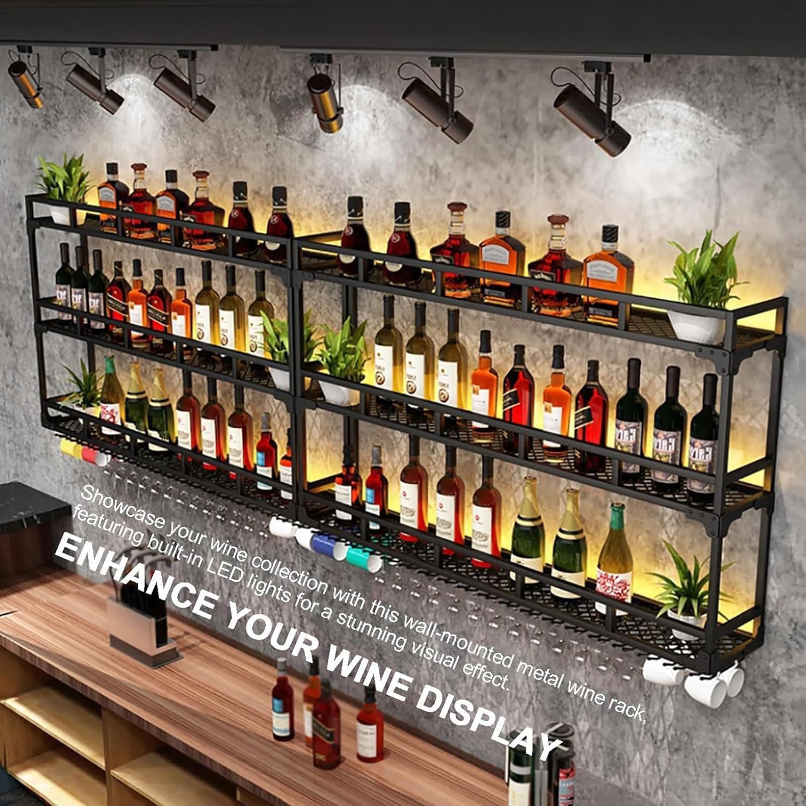 Estante De Almacenamiento Vino Moderno Montado En La Pared Con Luz LED, Estantes Flotantes Unidad De Barra, Estantes Barra Almacenamiento Cocina Para Decoración Bar Comedor De Cocina,Black-100x20x55cm