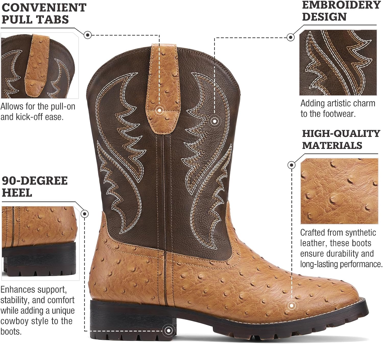 Rollda Cowboy Boots for Men Western Boots Men's Square Toe Chunky Heel Mid-Calf Boots Classic Embroidered Pull On Boots - Image 3