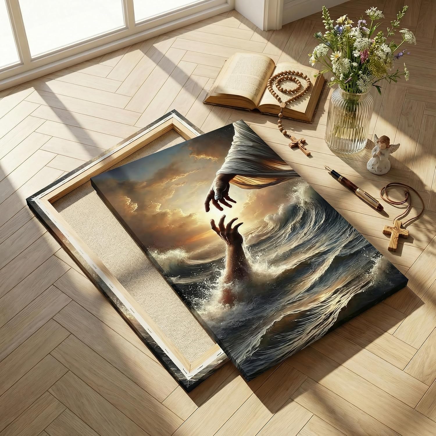 Condition photo showing New/Like New for jesus canvas wall art the hand of god divine rescue at sea painting pictures wall decor christianjesus hand reaching poster prints for prayer room church living room bedroom scene home decoration jesus sailor 16l" x 12w"-canvas