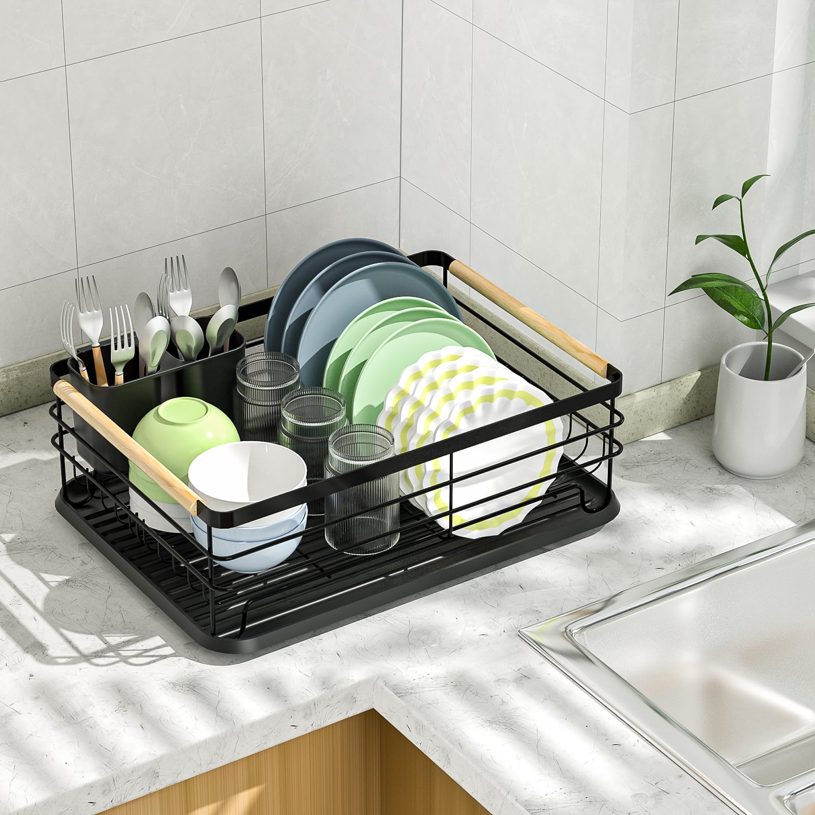Dreamhigh® Egoutoire Vaisselle Cuisine, Egouttoir Vaisselle sur Evier avec Porte-ustensiles et Bac D'égouttement, Plateau Étendoir pour Évier Cuisine, pour Une Famille de 3-5 Personnes