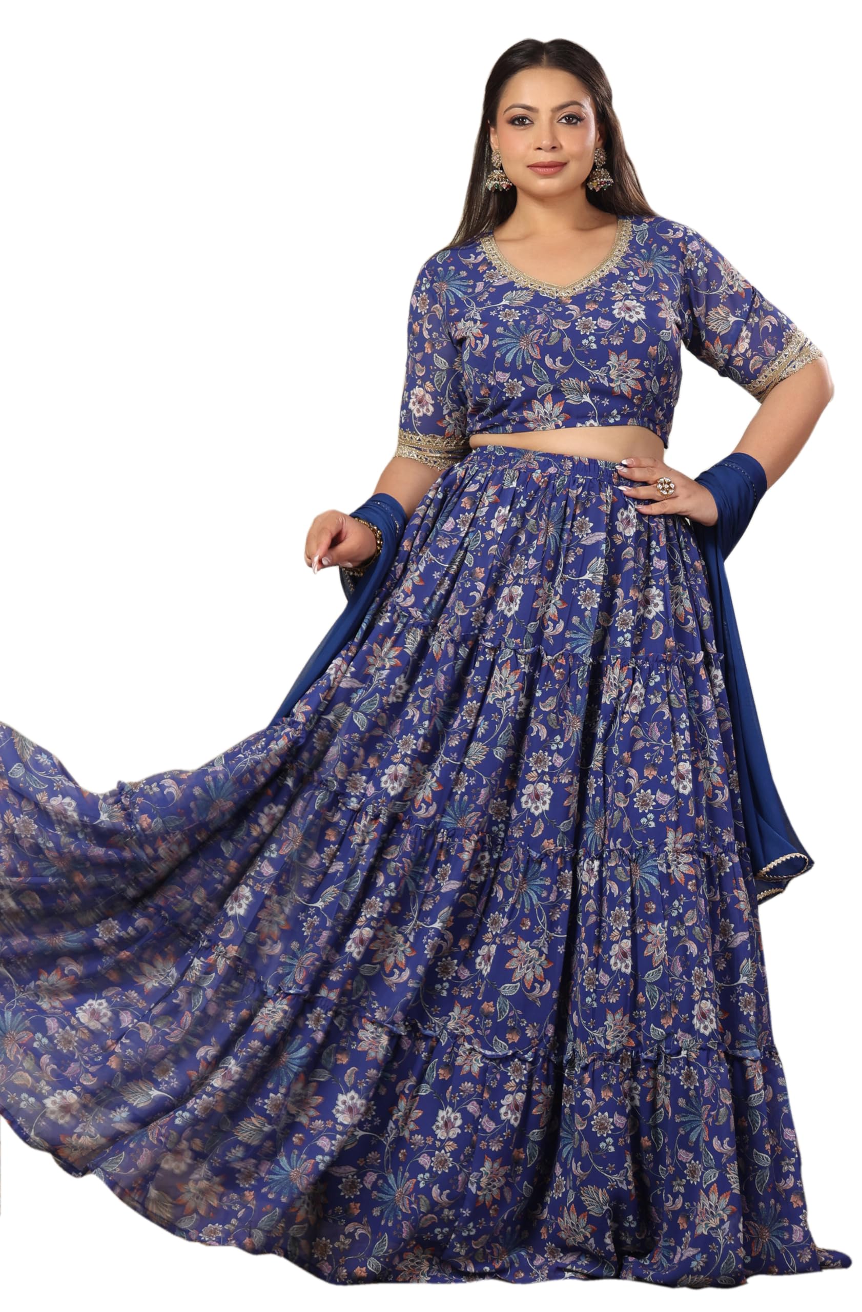 janasya Women's Plus Size Blue Georgette Floral Printed Tiered Lehenga Choli Set-picture-27