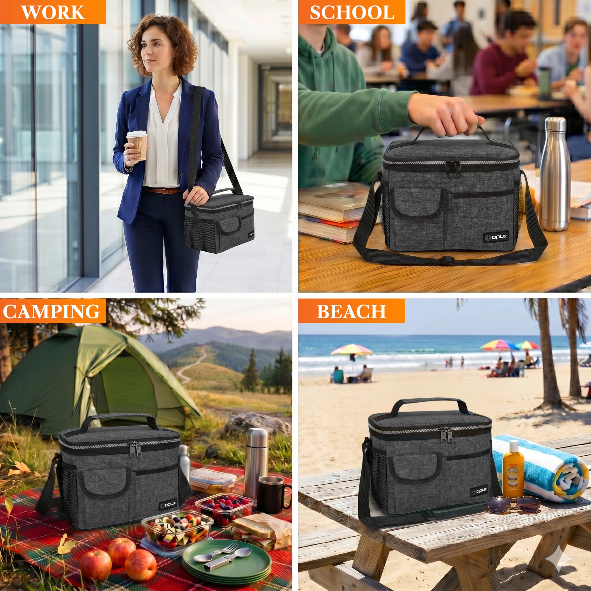 Bolsa térmica OPUX para el almuerzo para adultos hombres mujeres niños y niñas bolsa térmica mediana a prueba de fugas para escuela trabajo oficina almuerzo con correa para el hombro bolsillo