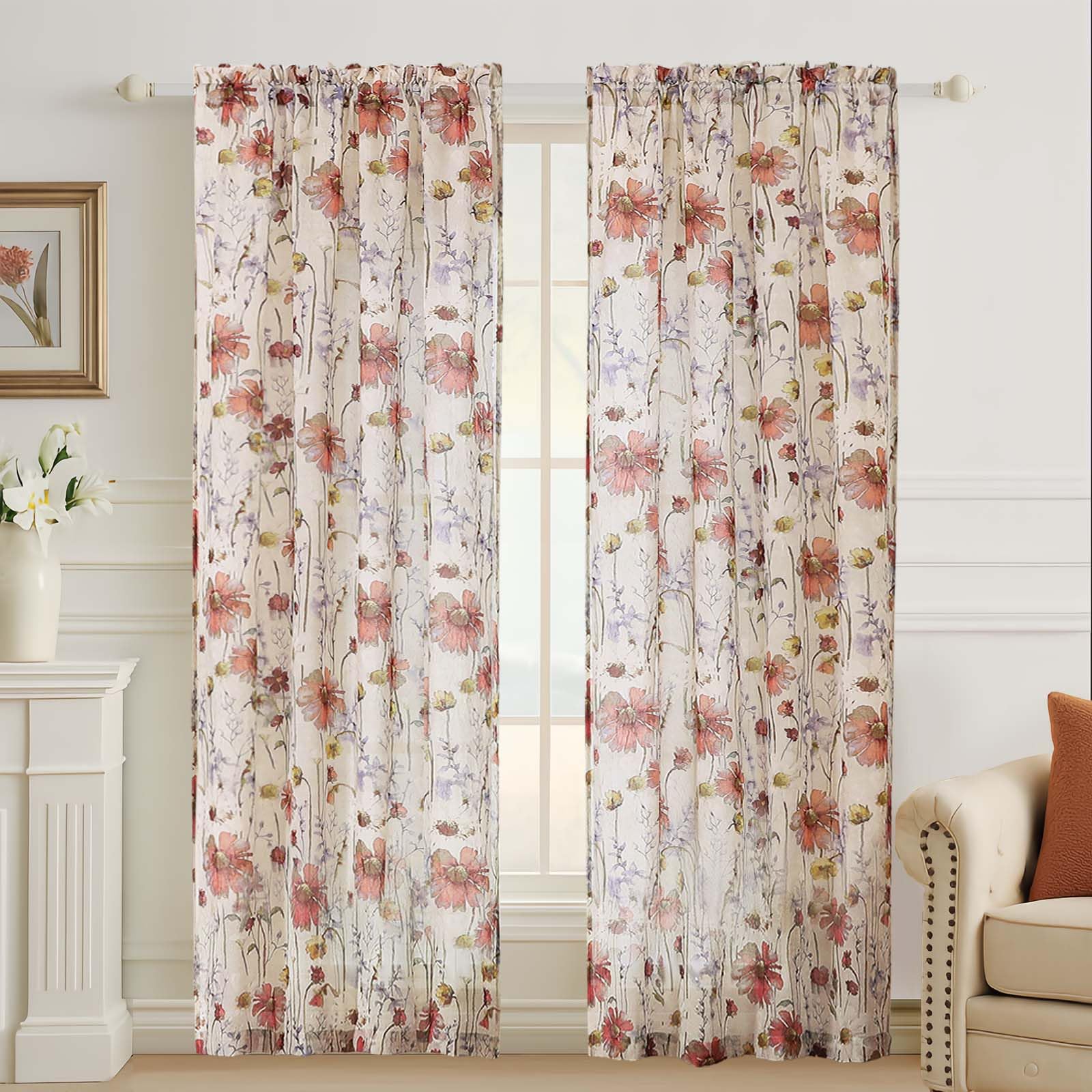 OVZME Crushed Sheer Curtains 72 inches Length 2 Panels, Sheer Floral Curtains Drapes with Printed Design for Living Room Bedroom, Rod Pocket Light