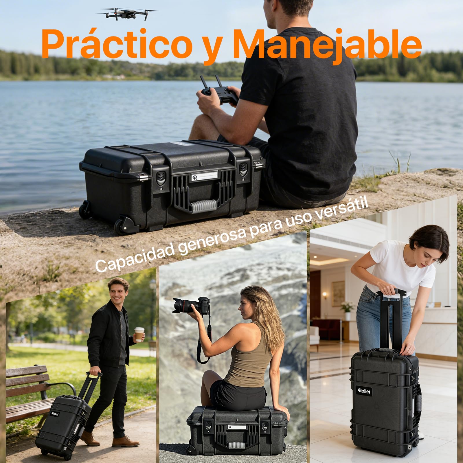 Rollei Maleta para cámara, Extremadamente Robusta, irrompible e Impermeable, Grande, con Ruedas, para Exteriores, regulación automática de la presión y protección antirrobo, maletín para cámara
