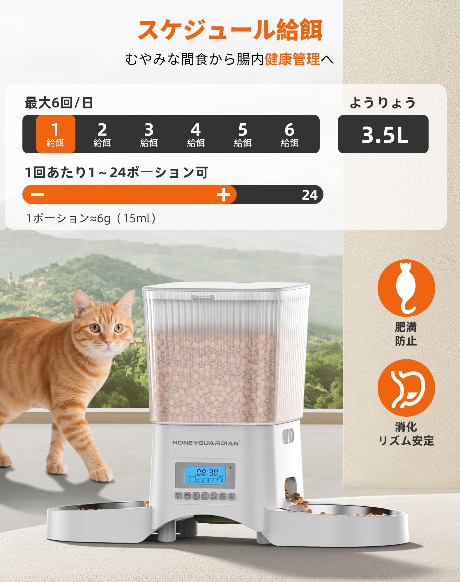 HoneyGuardian 自動給餌器 猫 犬用 タイマー式 給餌器 防湿・防虫設計 大容量3.5L ステンレス製ボウル2個 1～6回給餾プログラム 音声録音機能 手動給餌対応 両用電源 留守番対策 ホワイト