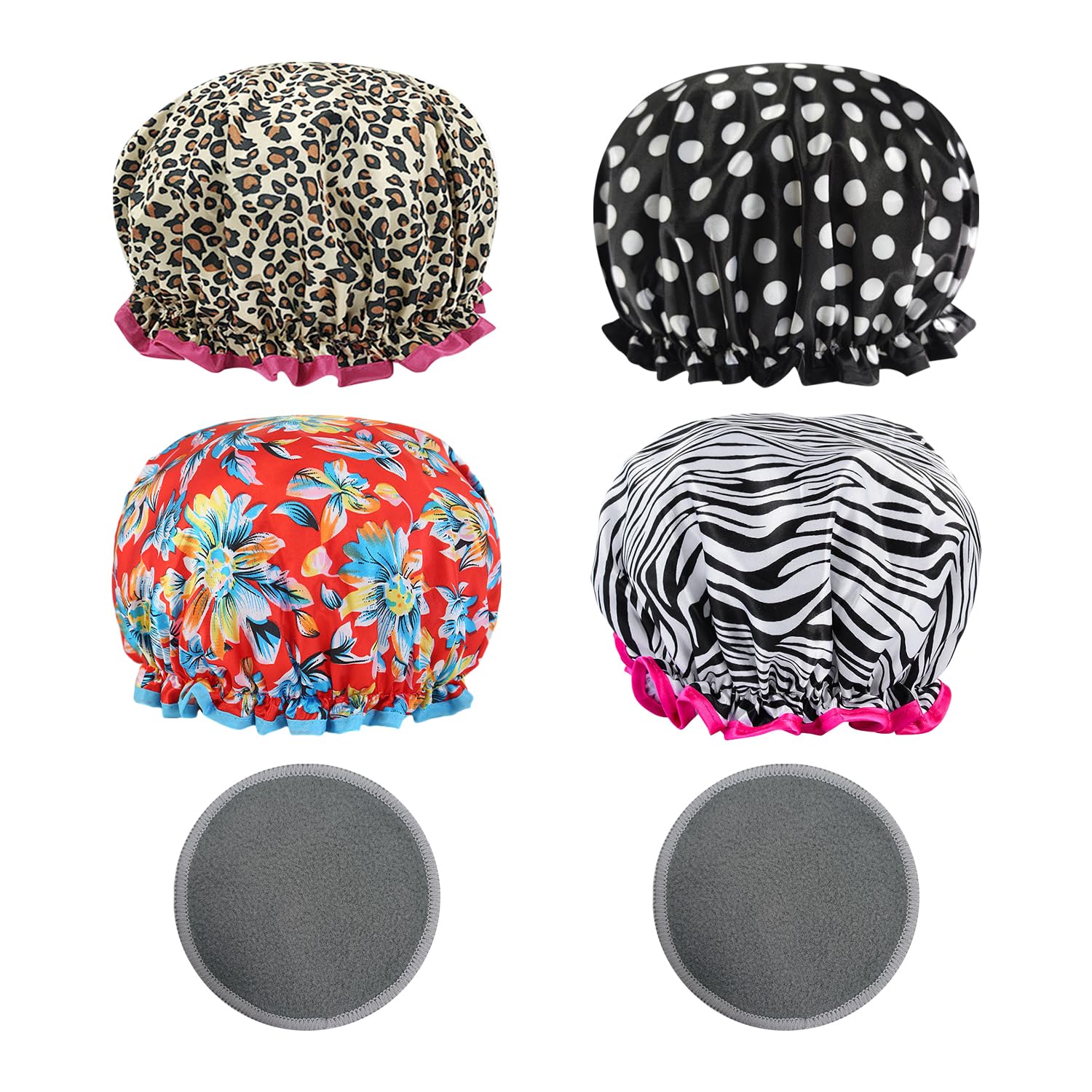 4 gorros de ducha con 2 almohadillas desmaquillantes de fibra, gorro de ducha impreso, gorro de ducha impermeable de doble capa, gorro de ducha para mujeres, adecuado para el baño, el cuidado de la