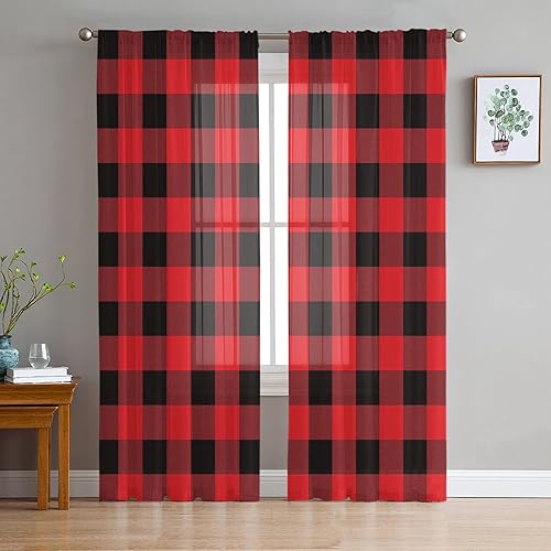 Cortinas traslúcidas rojas de 72 pulgadas de largo, juego de 2 paneles de cortinas semitransparentes con bolsillo para barra de cortina para sala de